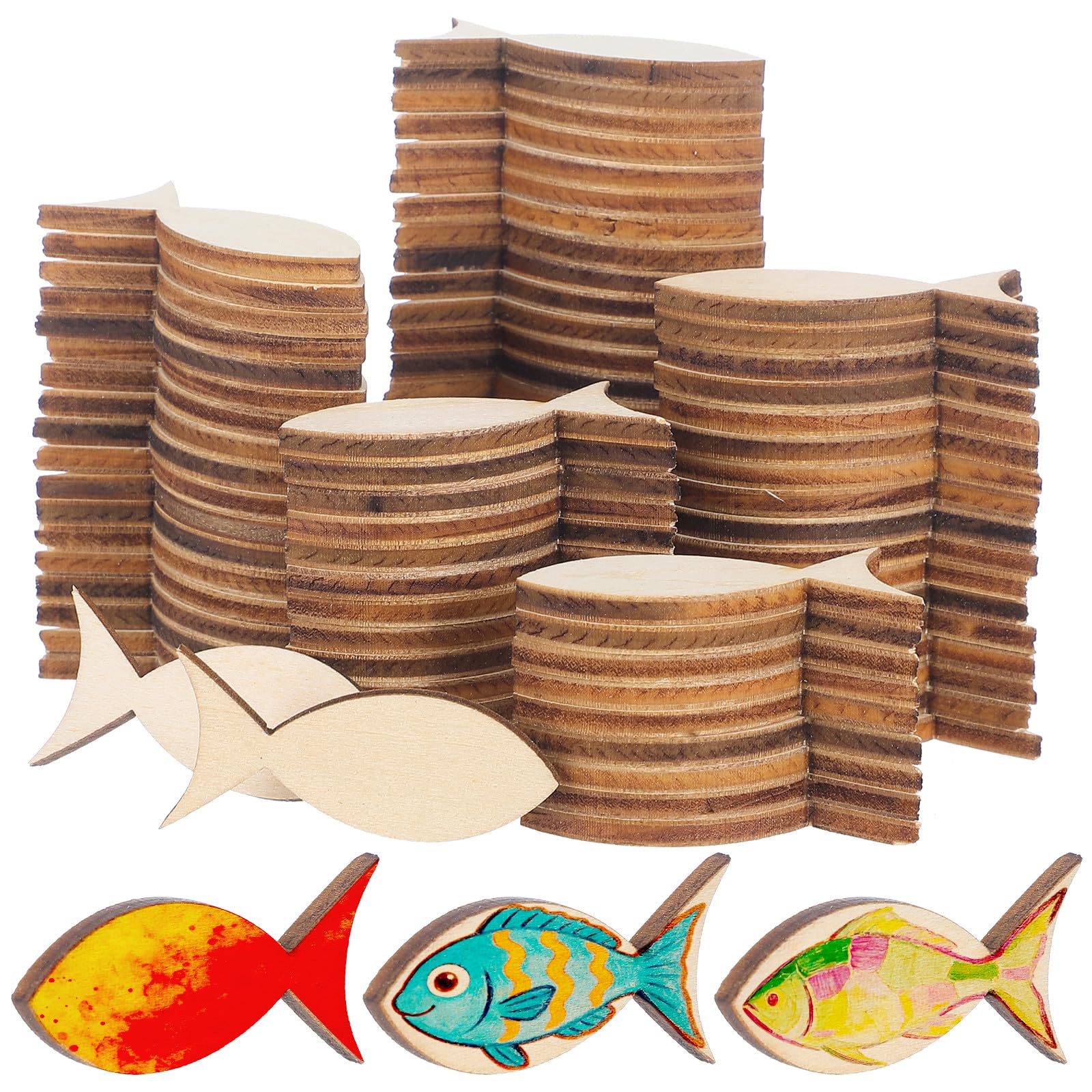 SUPVOX 200pcs Wooden Fish Cutouts, Unfinished Natural Wood Slices with Holes for DIY Crafts, Painting, Hanging Ornaments and Party Decorations