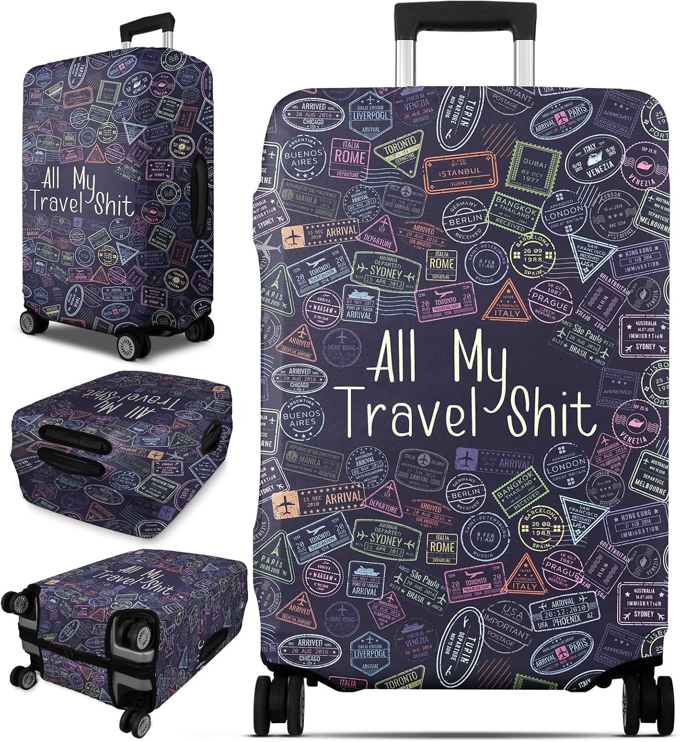 Slohif Luggage Cover for Suitcase Tsa Approved Protector - Blue Travel Stamp Luggage Sleeve Medium Suit Case Cover Travel Stretch Baggage Case Protective Washable Fit 24-27 Inch