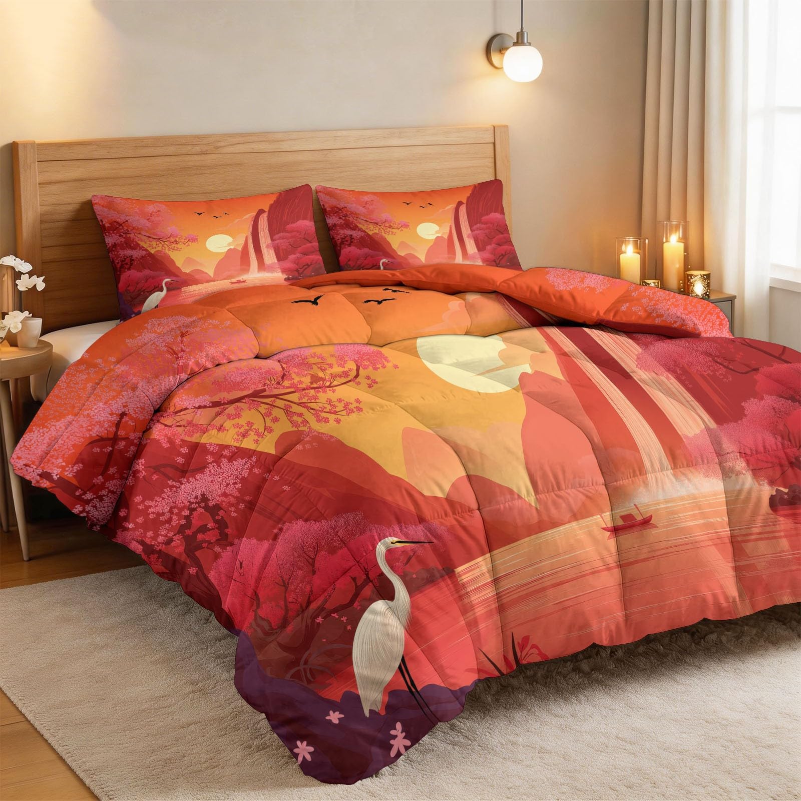 Couette 220 x 240 cm 4 Saisons Rouge, Couette Imprimée Nature Floral Coucher De Soleil Cascade pour lit 2 Personnes, Edredon Réversible Lavable sans Housse pour Adultes Amateurs D'Art Voyageurs