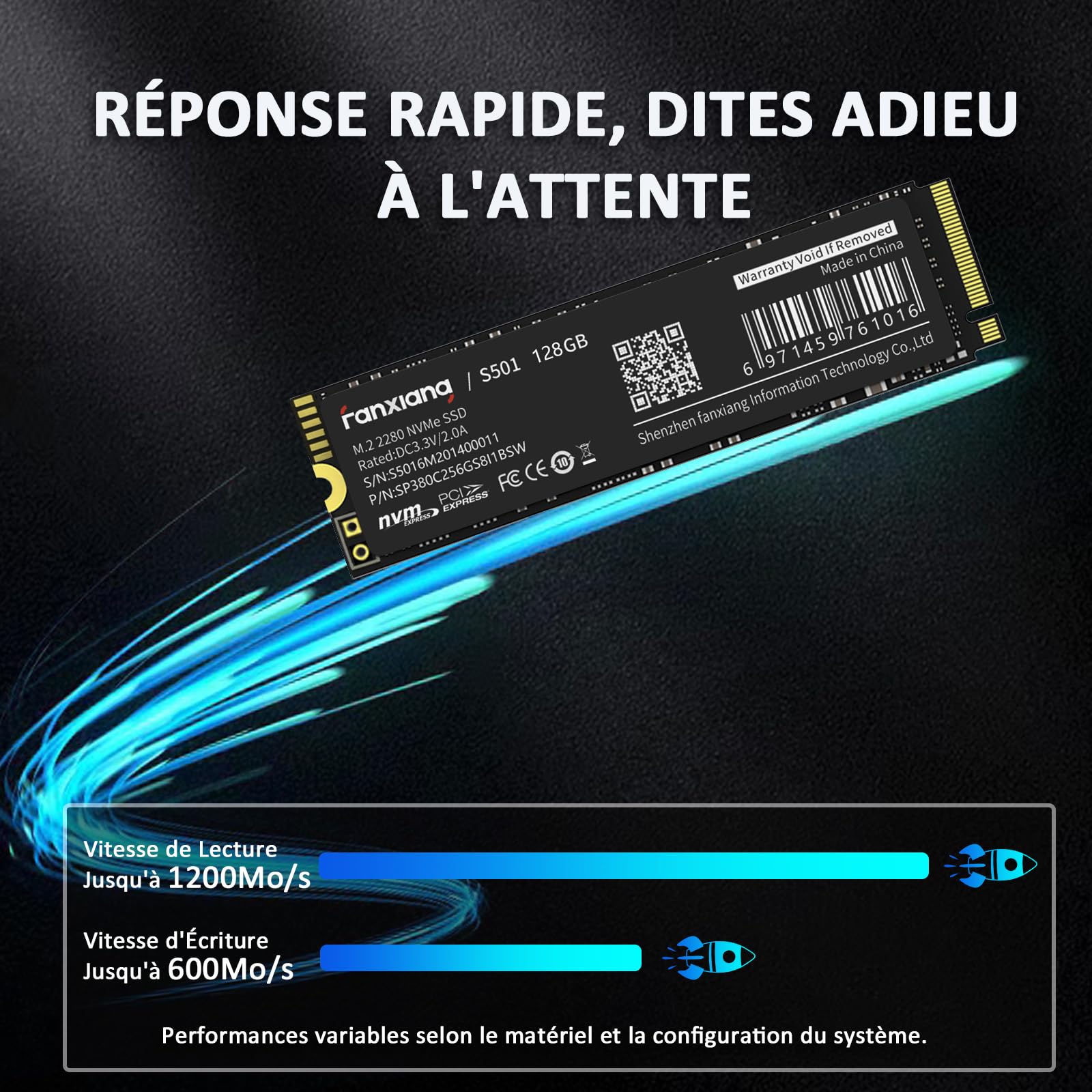 fanxiang S501 SSD NVMe 128Go M.2 PCIe Gen3.0x4 2280 Interne, Jusqu’à 1200 Mo/s en Lecture, Disque Dur SSD Compatible avec Ordinateurs Portables, PC et Ordinateurs de Bureau