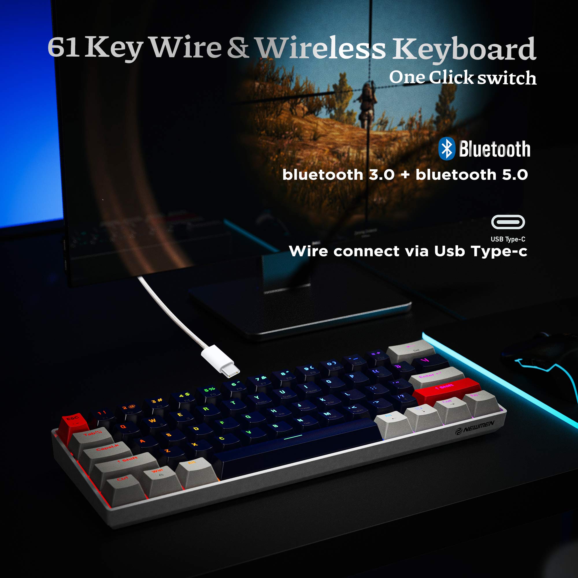 Newmen GM610 Wireless Mechanical Customize Gaming Keyboard, 60 RGB TKL