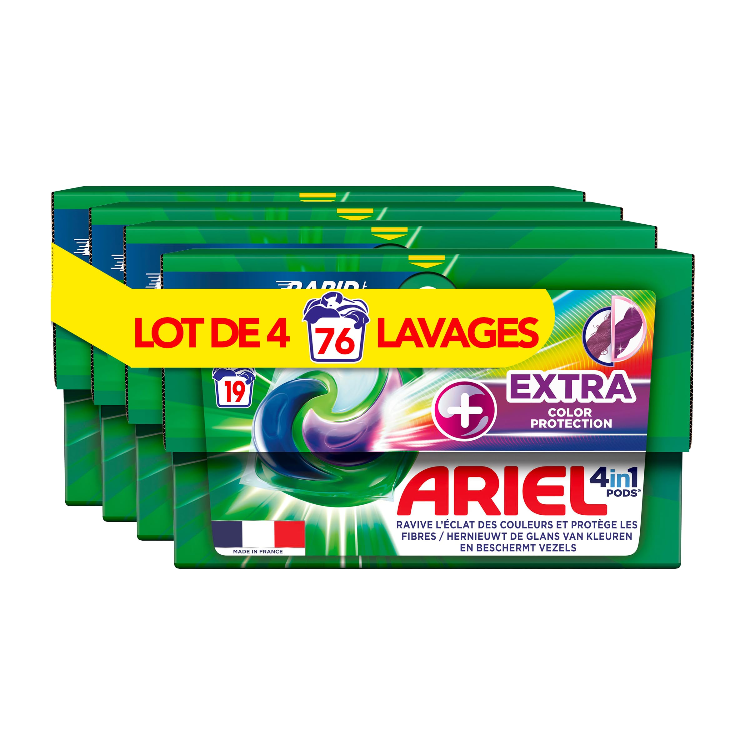 Ariel 4-in-1 PODS Flüssigwaschmittel in Kapseln, 76 Waschgänge (4 x 19 Tabs), Extra Color Protection, erneuert den Glanz der Farben und schützt die Fasern, schnelle Auflösung, hergestellt in