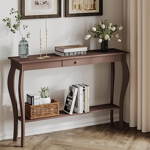 Miniatura 4 de ChooChoo Mesa para consola estrecha para entrada, mesa delgada con patas curvadas de madera, mesa de entrada alta para pasillo, fácil montaje Negro