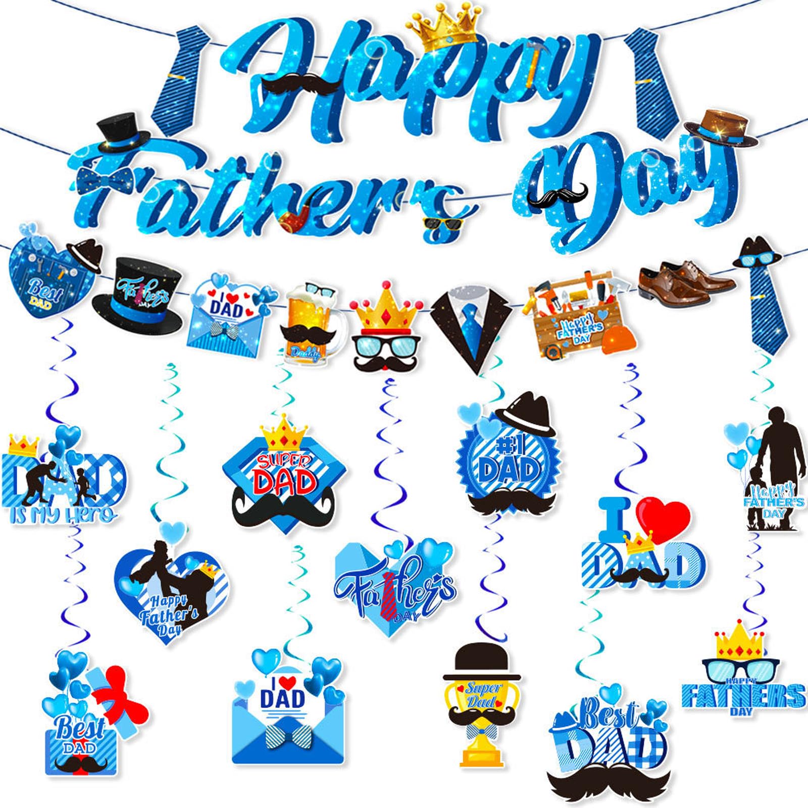 15PCS Happy Father'S Day Decorations Banner Party Packs Gifts Fathers Day Birthday Family Gathering Party Hanging Banner Including Elements Such As Hats, Ties, Coffee Cups, Crowns And Moustaches