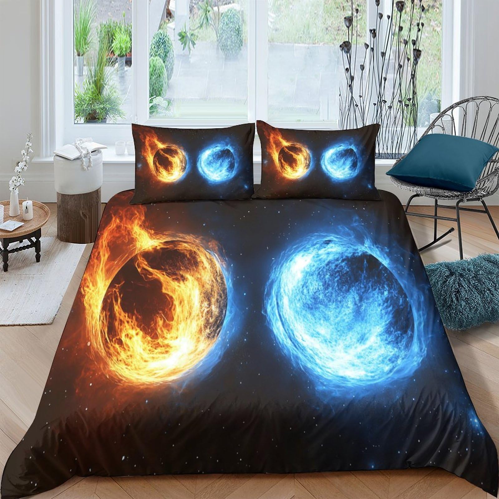 Ctjqhvkz Style-7 3D Printed Fire Ice Fitted Sheet Microfiber Soft Breathable Water Flame Mattress Cover For Bedroom Dorm Decor Single（135X200cm）