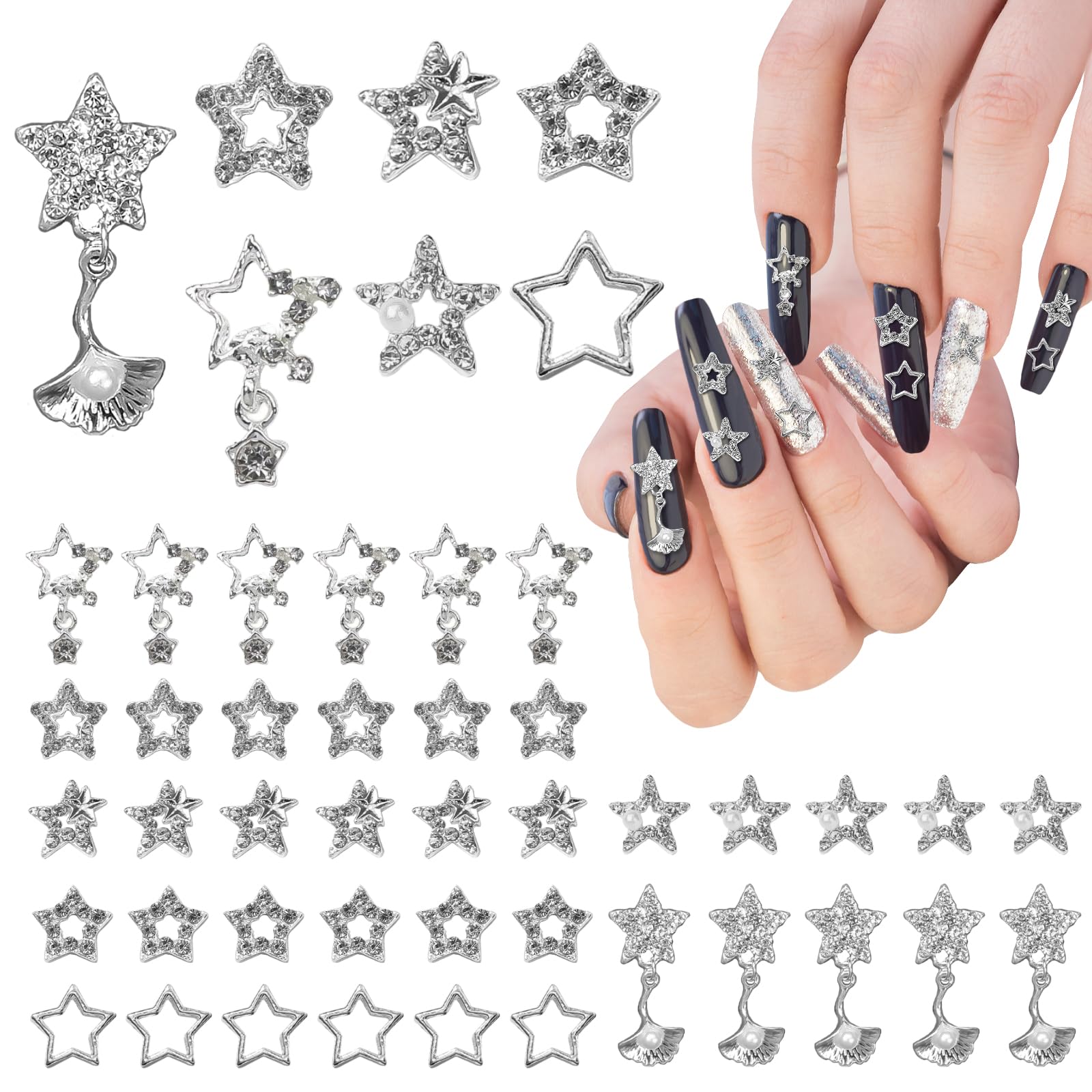 ROPAKED40 Pcs Star Nail Charms Silver 3d Charms and Gems for Nails Design Art Bling Jewels for Acrylic Nail Decoration Art Accessories for Women DIY Crafts