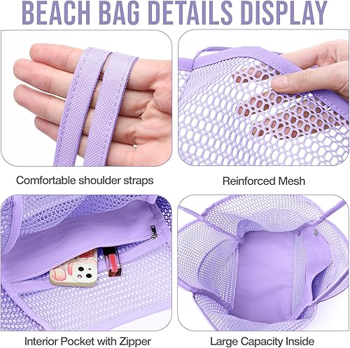 Miniatura 5 de KPX Bolsa de playa con mini bolsillo, bolsas de playa para mujer, bolsas de viaje grandes plegables de malla para piscina, a prueba de arena