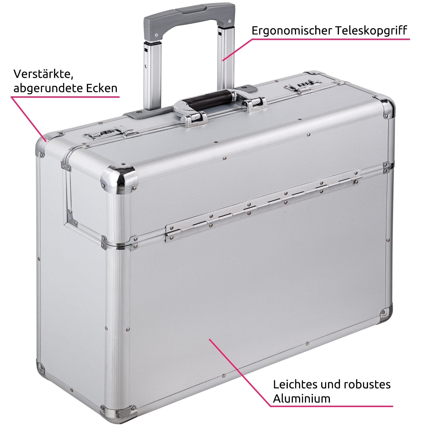 tectake 401232 XL Pilotenkoffer, Zwei Zahlenkombinationsschlösser, mit Rollen, Totalmaße 55x49x22cm, Silber