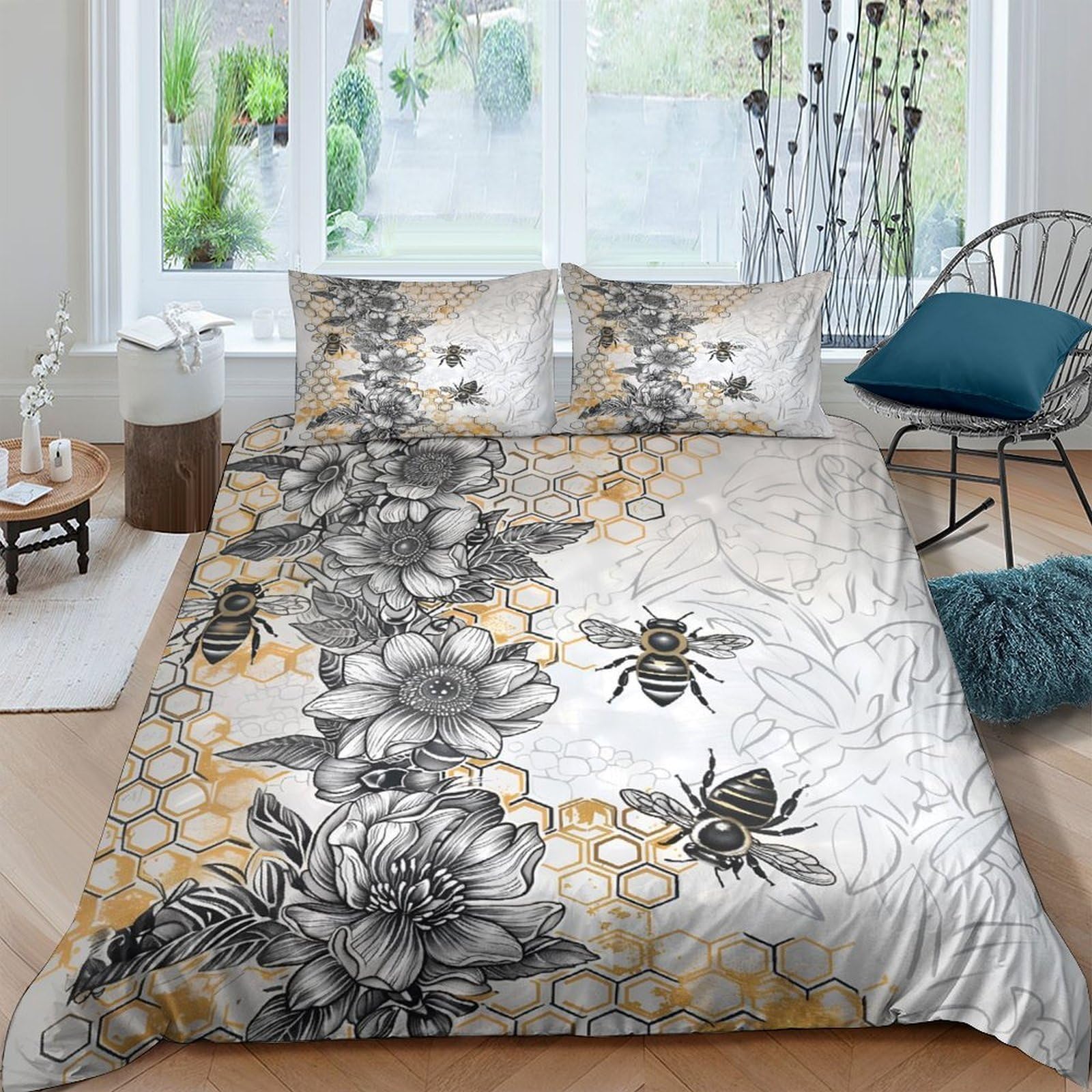 Ctjqhvkz Style-5 3D Printed Floral Bee Fitted Sheet Microfiber Soft Breathable Honeycomb Bed Cover For Bedroom Dorm Mattress Protection Decor Single（135X200cm）