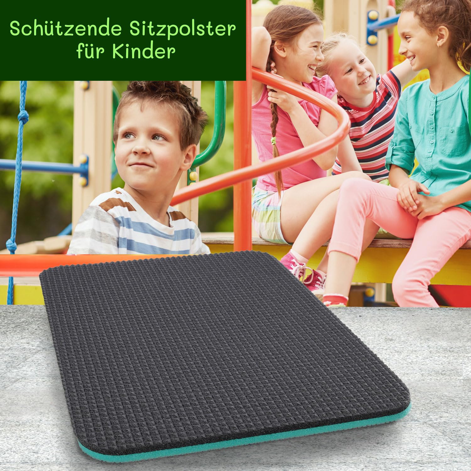 Yate Set 10 doppelte Schaumstoff Sitzkissen DIN A4 Kinder Sitzunterlage WASSERDICHT 307x220mm für Kindergarten Morgenkreis, Schulen, Waldbühne - 2 lagig, Rucksack (Grün/Grau)
