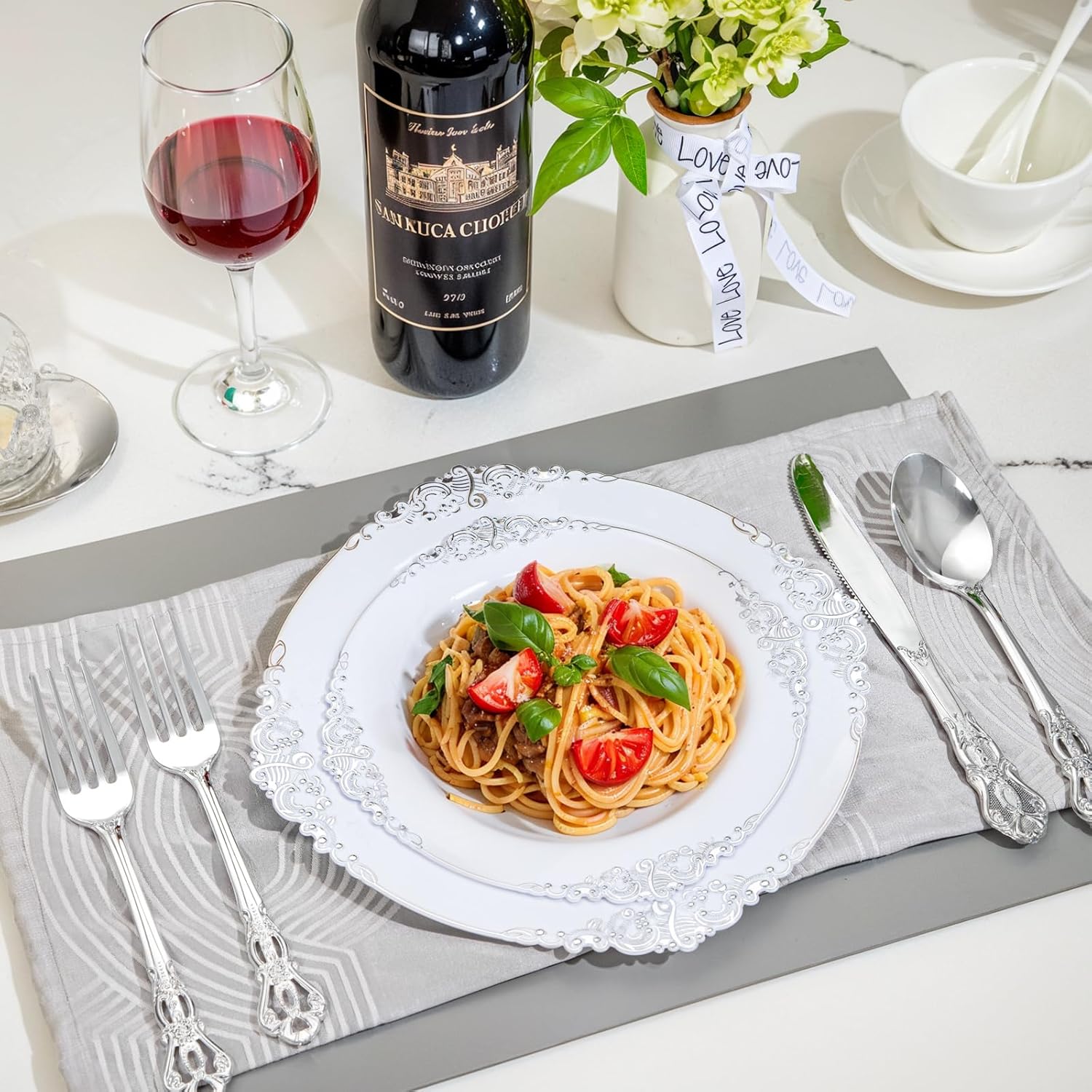 300Pieces Silver Plastic Silverware - Heavy Duty Silver Disposable Utensils - Vintage Plastic Cutlery Set Includes 100 Forks, 100 Spoons, 100 Knives for Dinner Parties Weddings