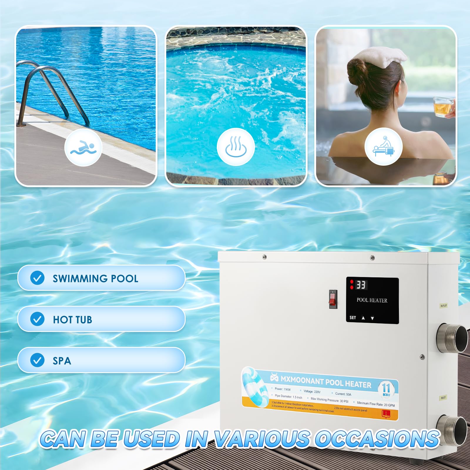 Amazon.com : Mxmoonant Pool Heater 11KW 220V, Electric Swimming Pool Heaters  Hot Tub Water Thermostat with Touchscreeen for Above Ground Inground Pool,  Spa, Bathtub, : Patio, Lawn u0026 Garden