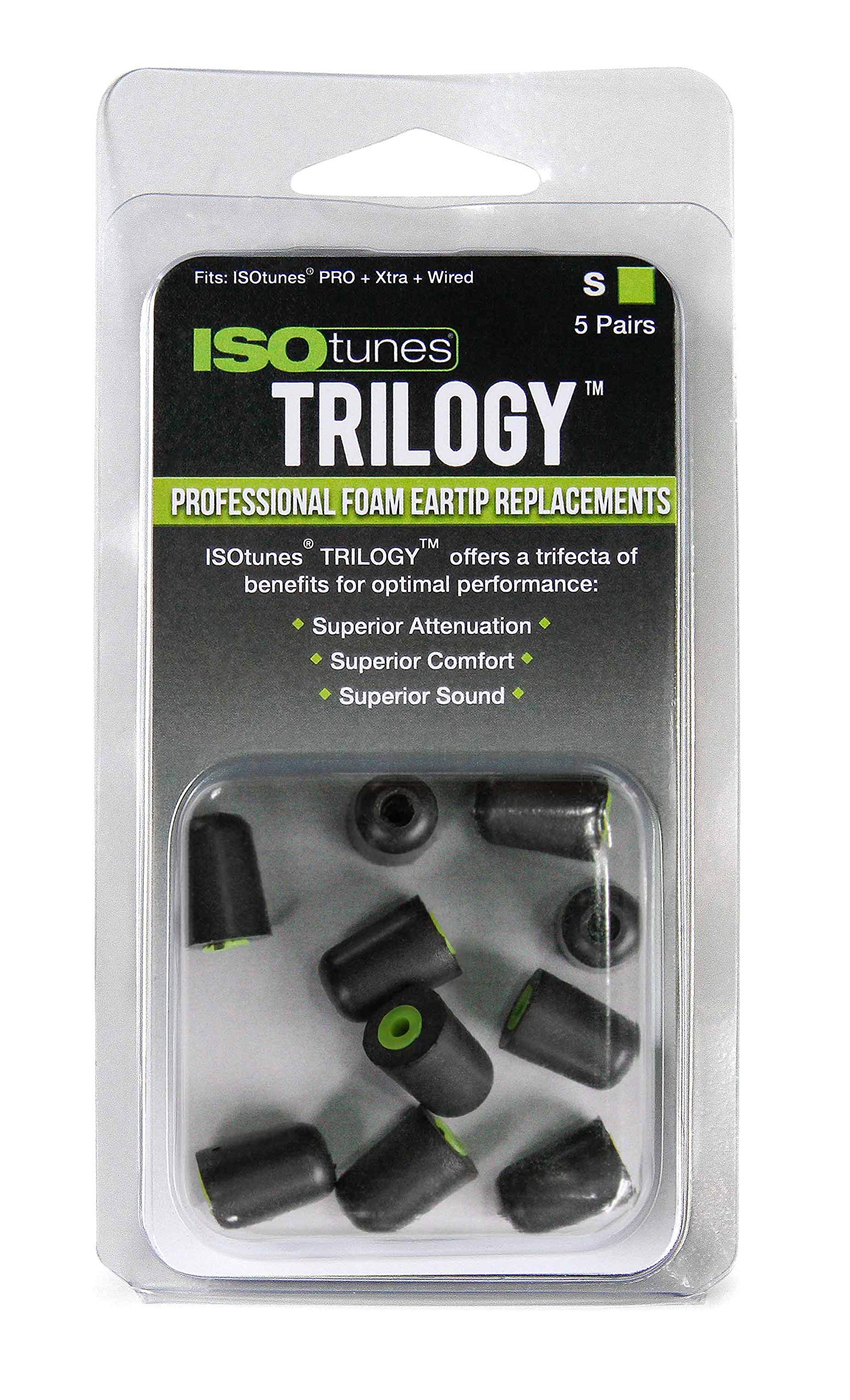 ISOtunes Trilogy™ Foam Replacement Eartips for ISOtunes PRO/Xtra/Wired (5 Pairs Pack) (Small, Green)