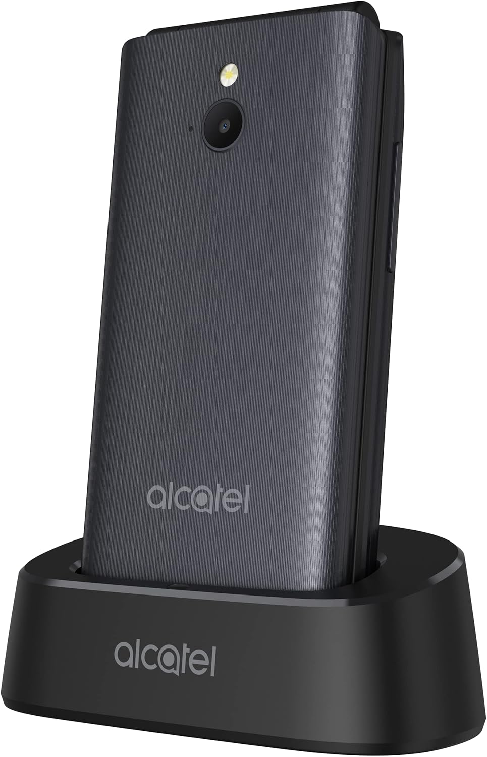 Alcatel 3082 4G flip phone placed in its charging cradle.
