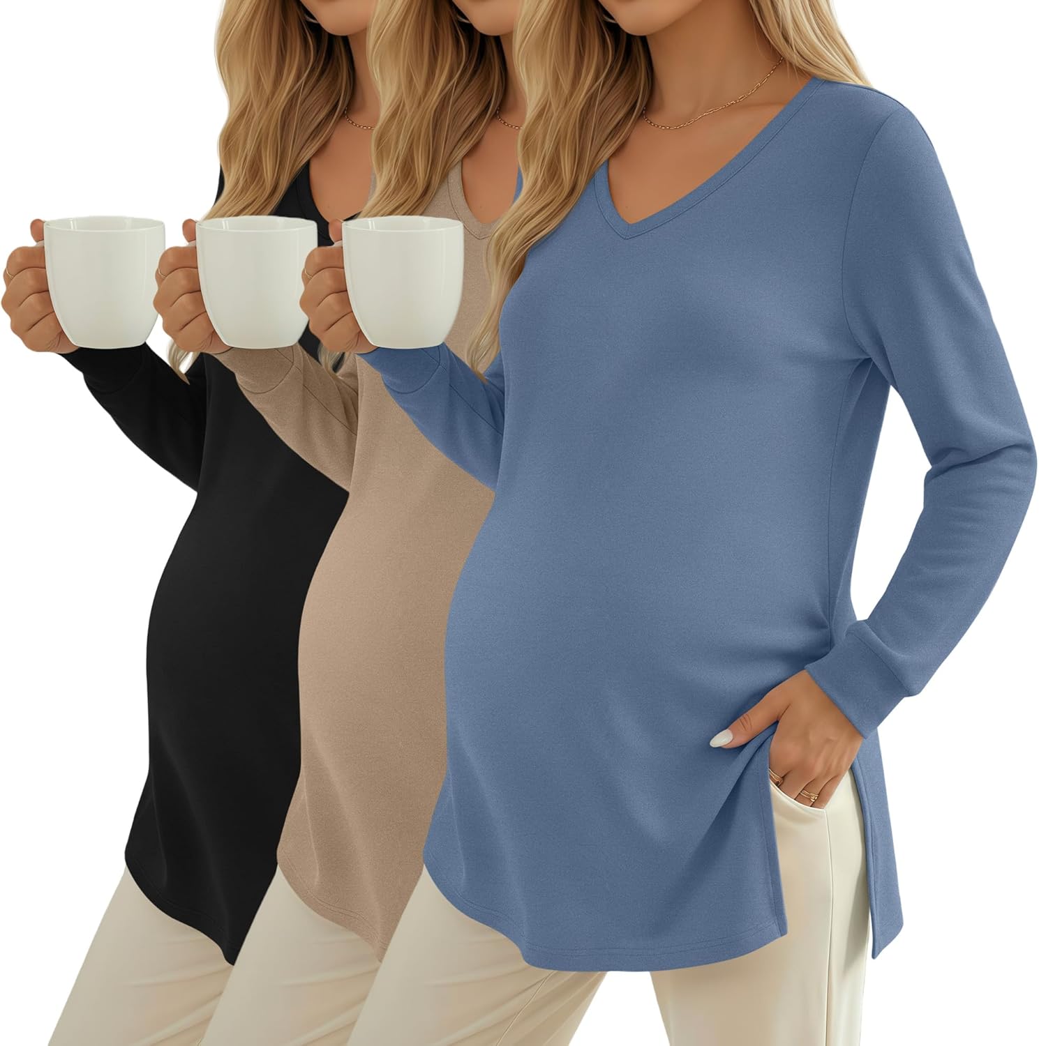 Huukeay 3 Pack Women's Thermal Maternity Shirts Long Sleeve Fleece Lined Pregnancy Tops Split Side V Neck Maternity Clothes