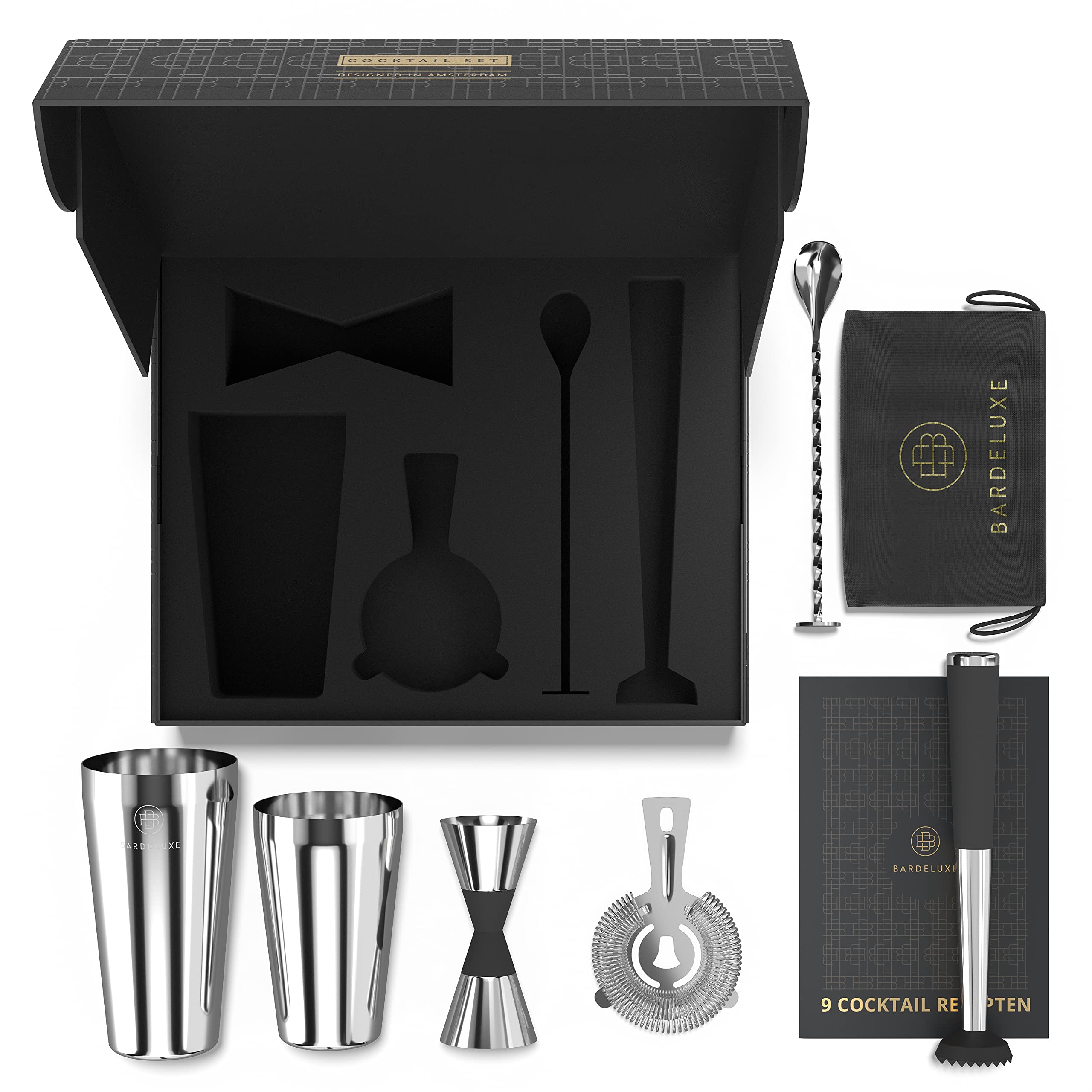 BarDeluxe BOSTON-SILVER1 Boston Shaker 5-częściowy zestaw barmanów, zestaw do koktajli – 750 ml, zestaw do koktajli ze stali nierdzewnej, akcesoria do koktajli – luksusowy zestaw prezentowy, torba i książka z przepisami (srebrny)