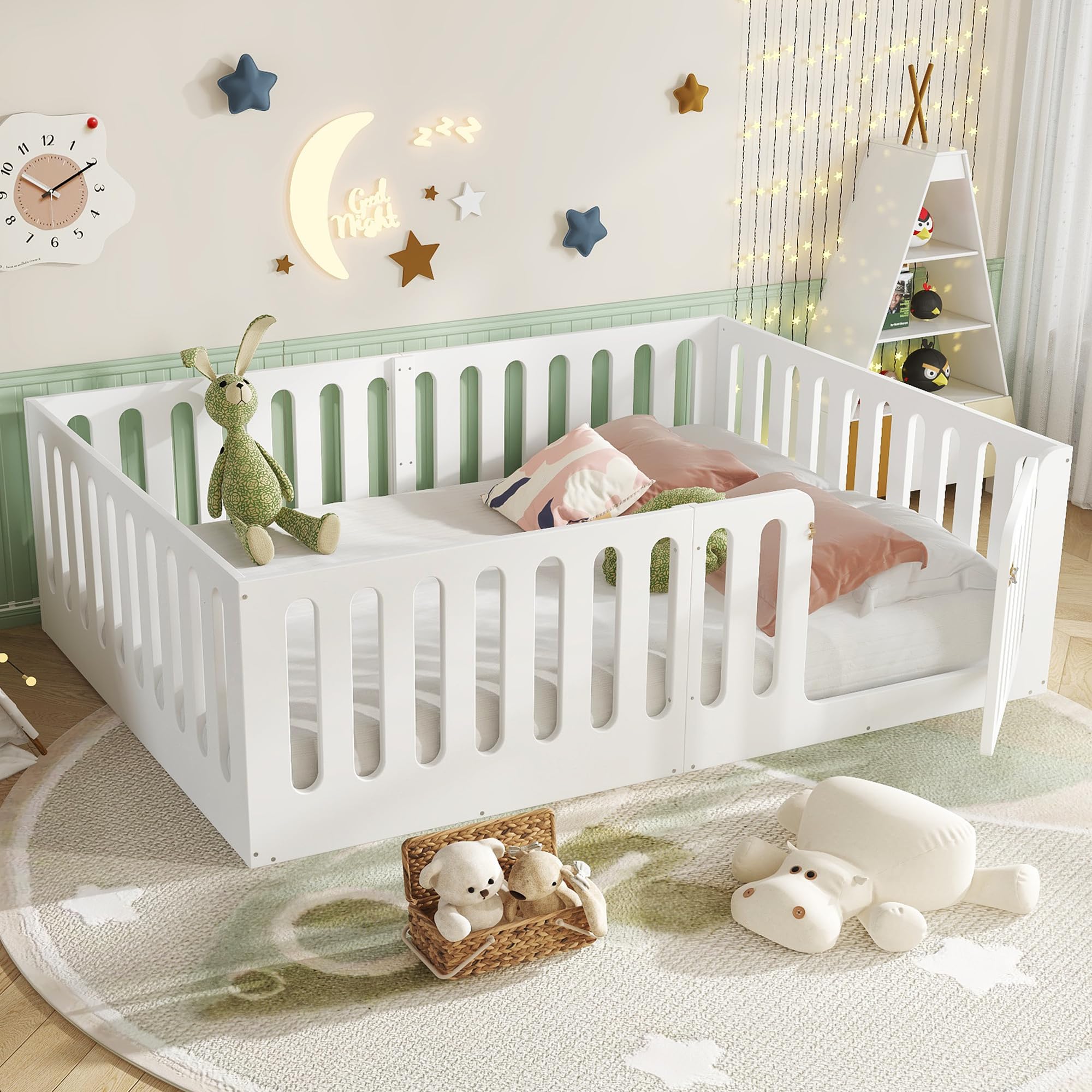 Photo 1 of Bellemave Full Size Kids Montessori Floor Bed,Full Size Floor Bed Frame with High Fence and Door,Solid Wood Montessori Bed for Girls Boys,White