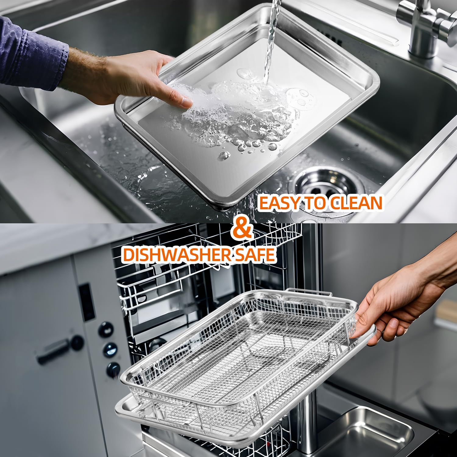 QPMR Cesta de freidora de aire para horno, cesta de acero inoxidable de 18.7 x 11.8 pulgadas con 50 papeles de pergamino, cesta de freidora de aire y bandeja, bandeja antiadherente con bandeja para