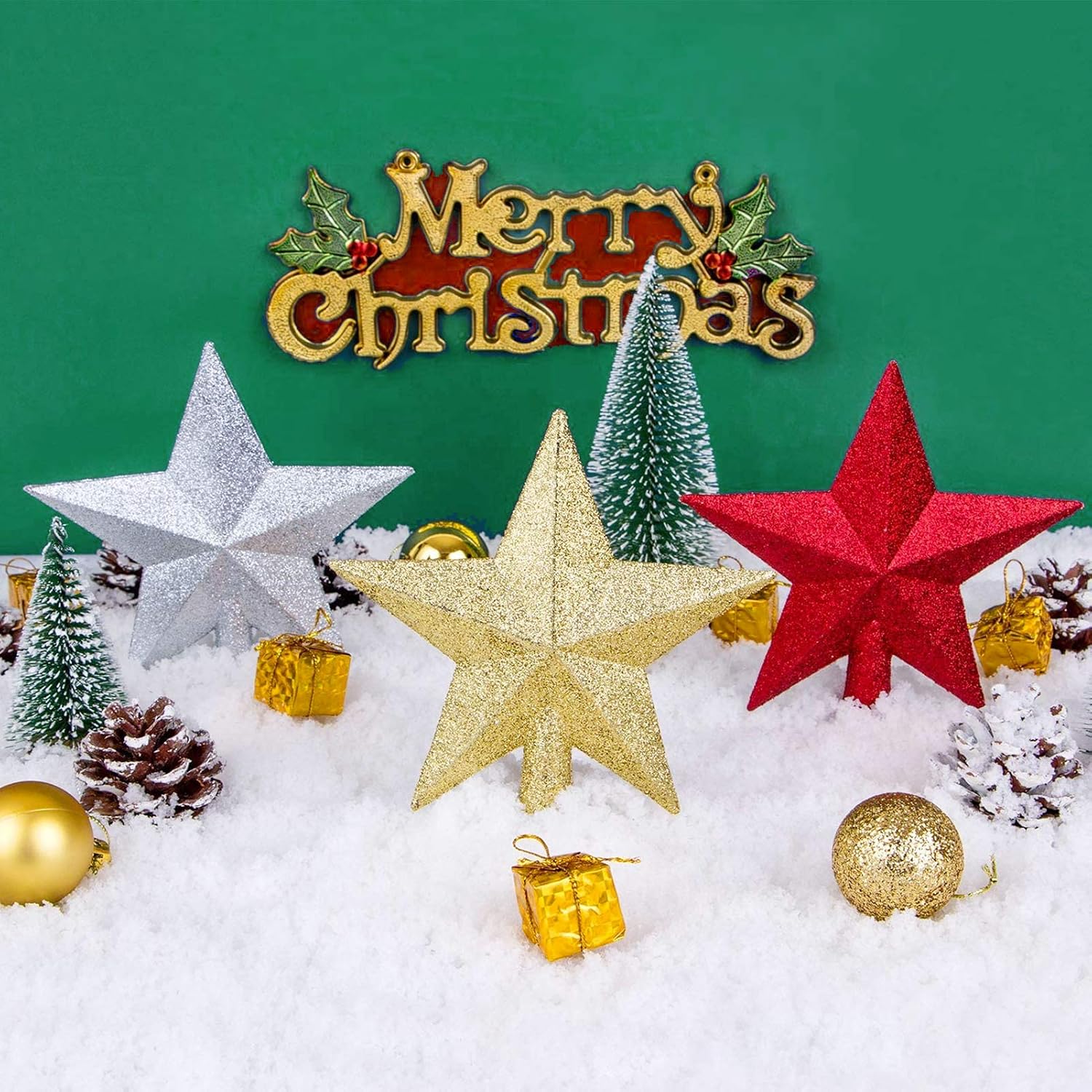 HOMINE 8'' Glitter Star Christmas Tree Topper, Shatter-Proof Sparkling Christmas Treetop Decorative Star for Christmas Tree Decoration, 3D Star Treetop for Home Décor/Holiday Ornament (Red)