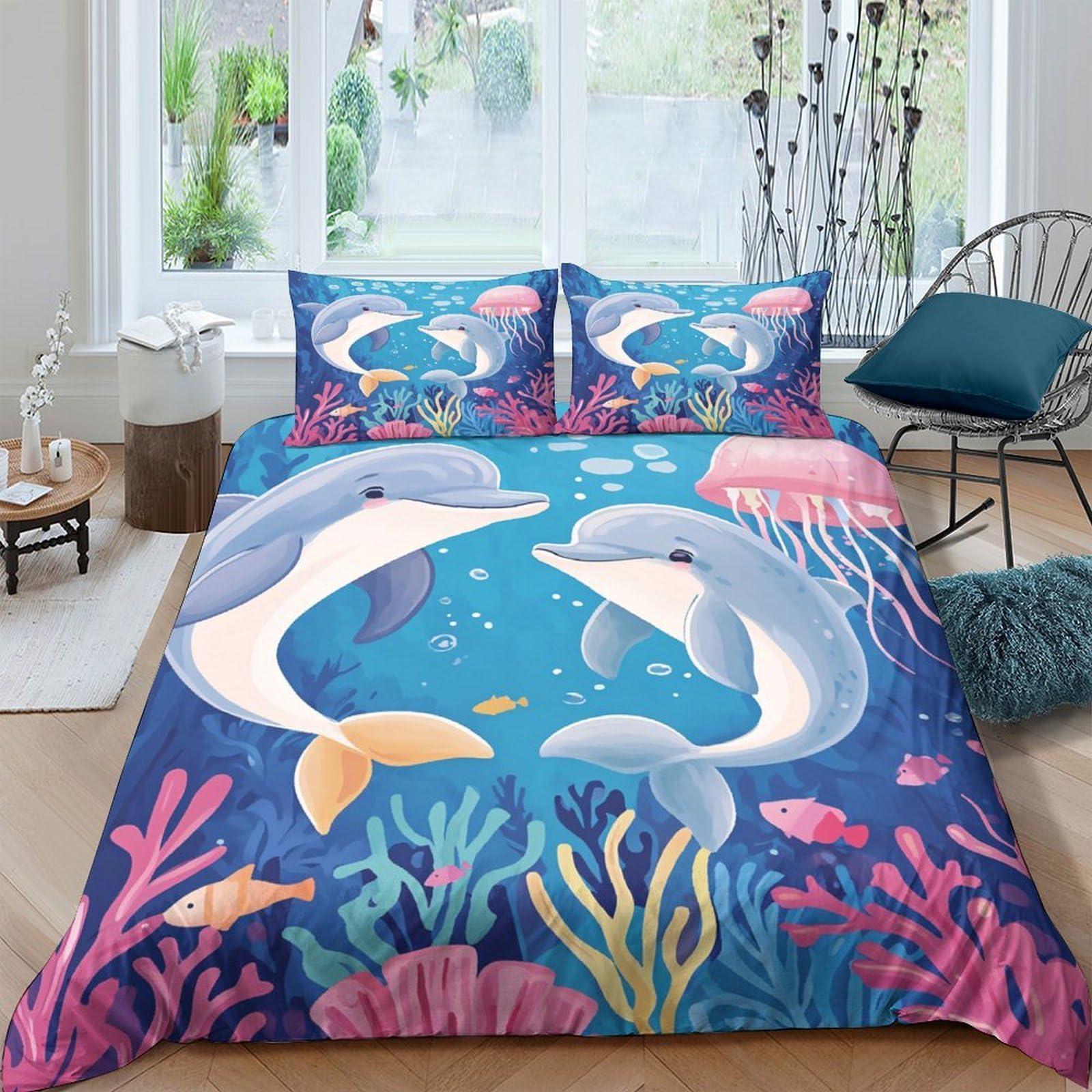 XFKLYNVCJ 3D Printed Dolphin underwater scene Bed Cover Microfiber Cartoon ocean Comforter Cover Machine Washable Breathable Lightweight Shrink Resistant Stain Resistant for Home Use King（220x240cm）