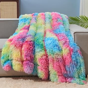 GONAAP Fuzzy Faux Fur Throw Blanket for Couch, Dark Rainbow, 50"x60"
