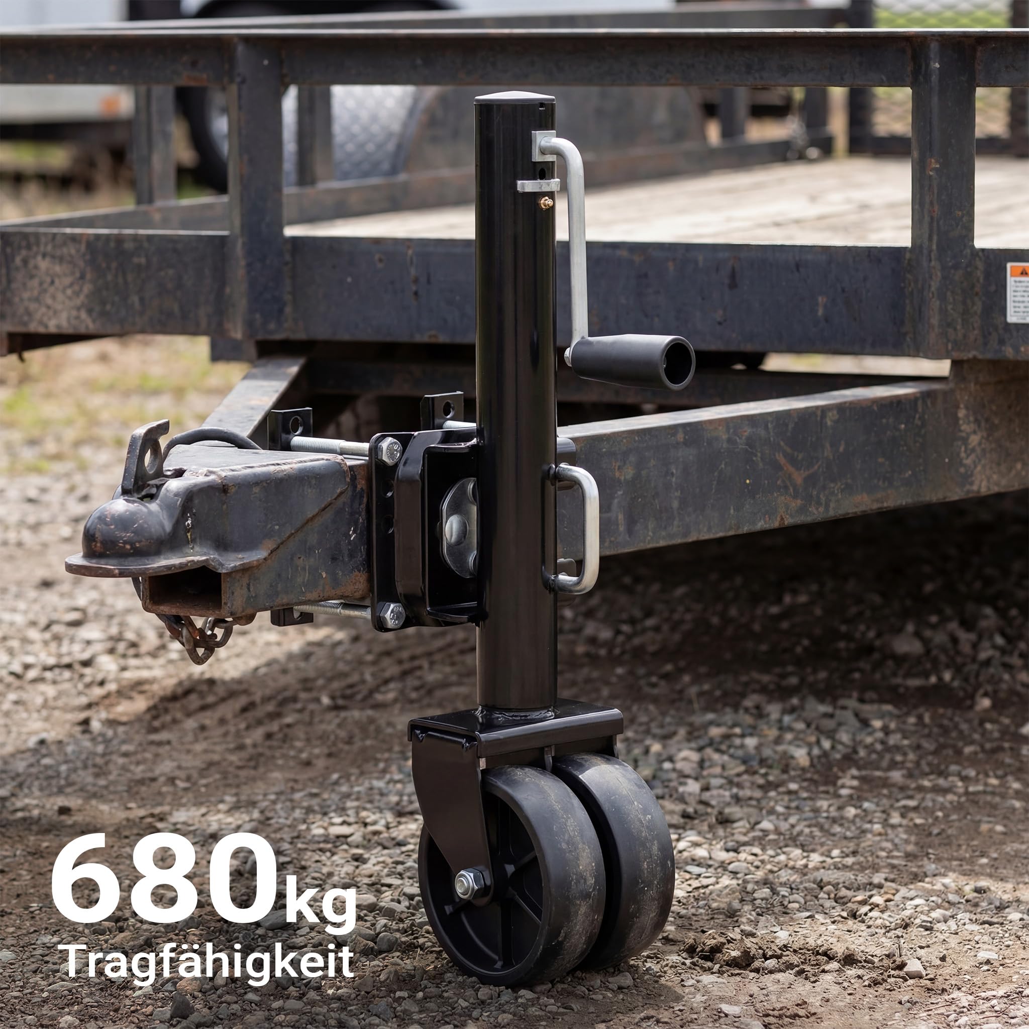 Wiltec Doppelstützrad bis 680 kg, Anhängerstütze aus Stahl, Stützlast Bugrad mit Schwenkarm, Schwerlast Abstellstütze mit Zwillingsrädern