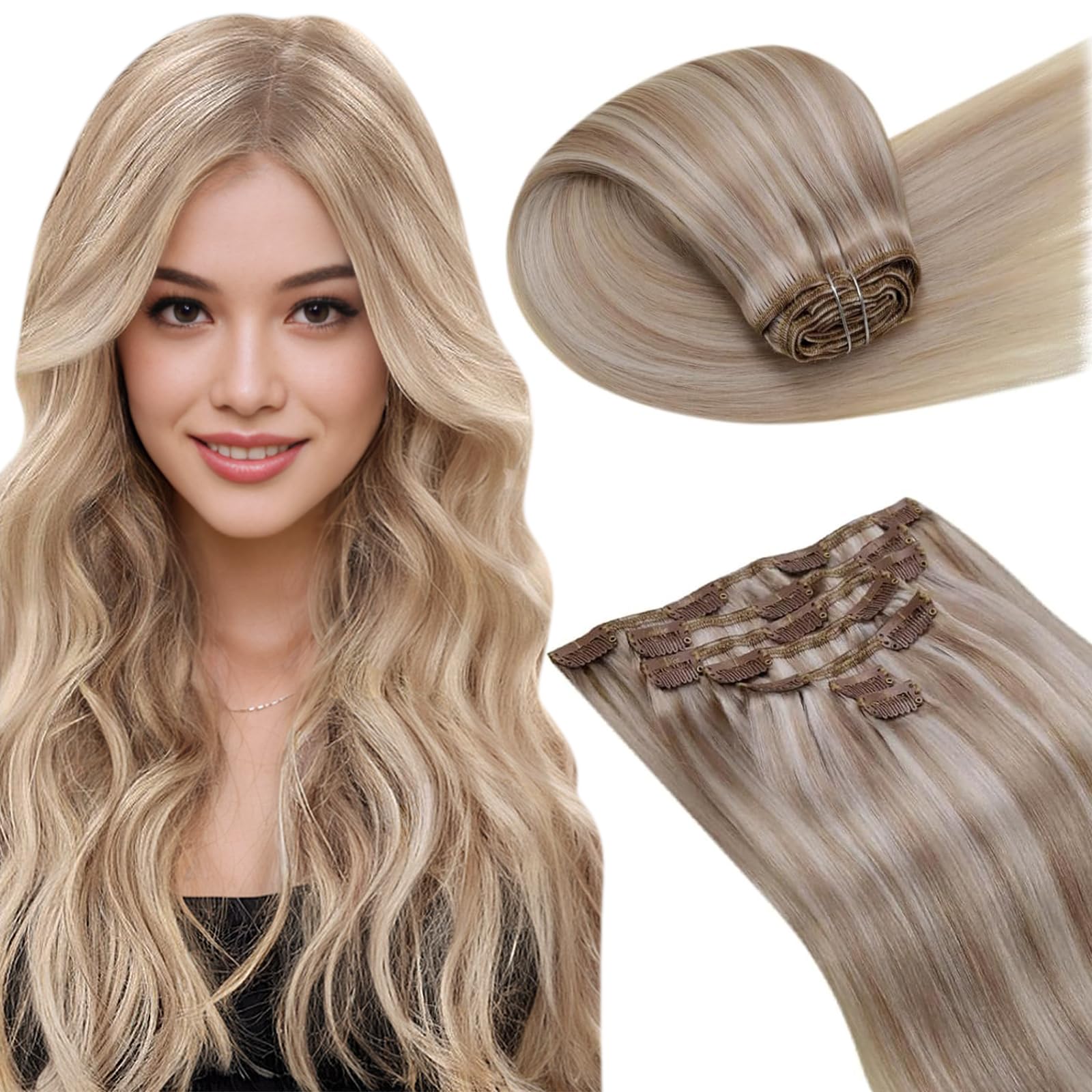 LaaVoo Blonde Clip in Hair Extensions Real Hair Extensions Clip in 24 Inch 140g 7pcs Full Head Straight Highlight Ash Blonde Remy Hair Double Weft #18/613