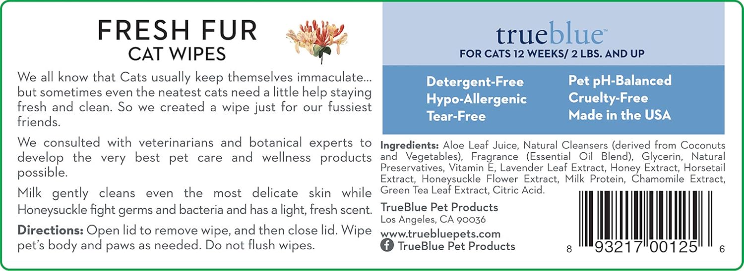 TrueBlue Milk & Honeysuckle Fresh Fur Cat Cleaning Wipes - Pre-Moistened Cleansing Pads for Cleaning Dirty Paws, Coats, Cats, Kittens – Extra Large – 8”x7” – 100 Count : Pet Supplies