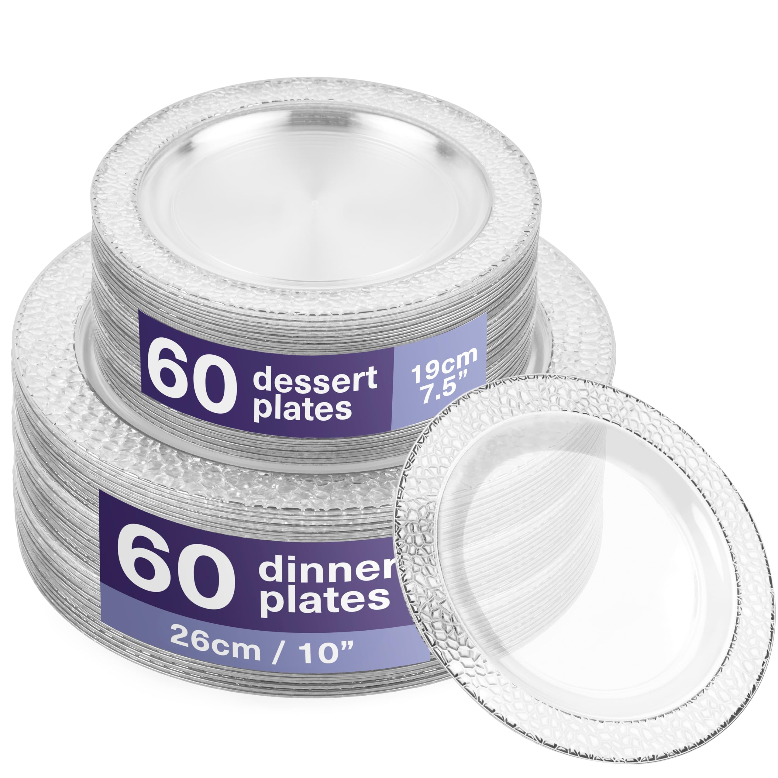 MATANA 120 Premium Reusable Plastic Plates with Hammered Silver Rim – 2 Sizes - Elegant & Sturdy Tableware for Weddings, Birthdays & Parties