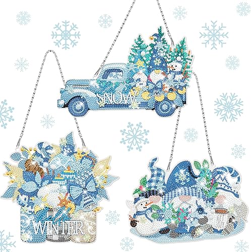 Burbell 3 piezas de pintura de diamantes de Navidad DIY pintura de diamante cartel colgante cristal invierno muñeco de nieve flores gnomo diamante