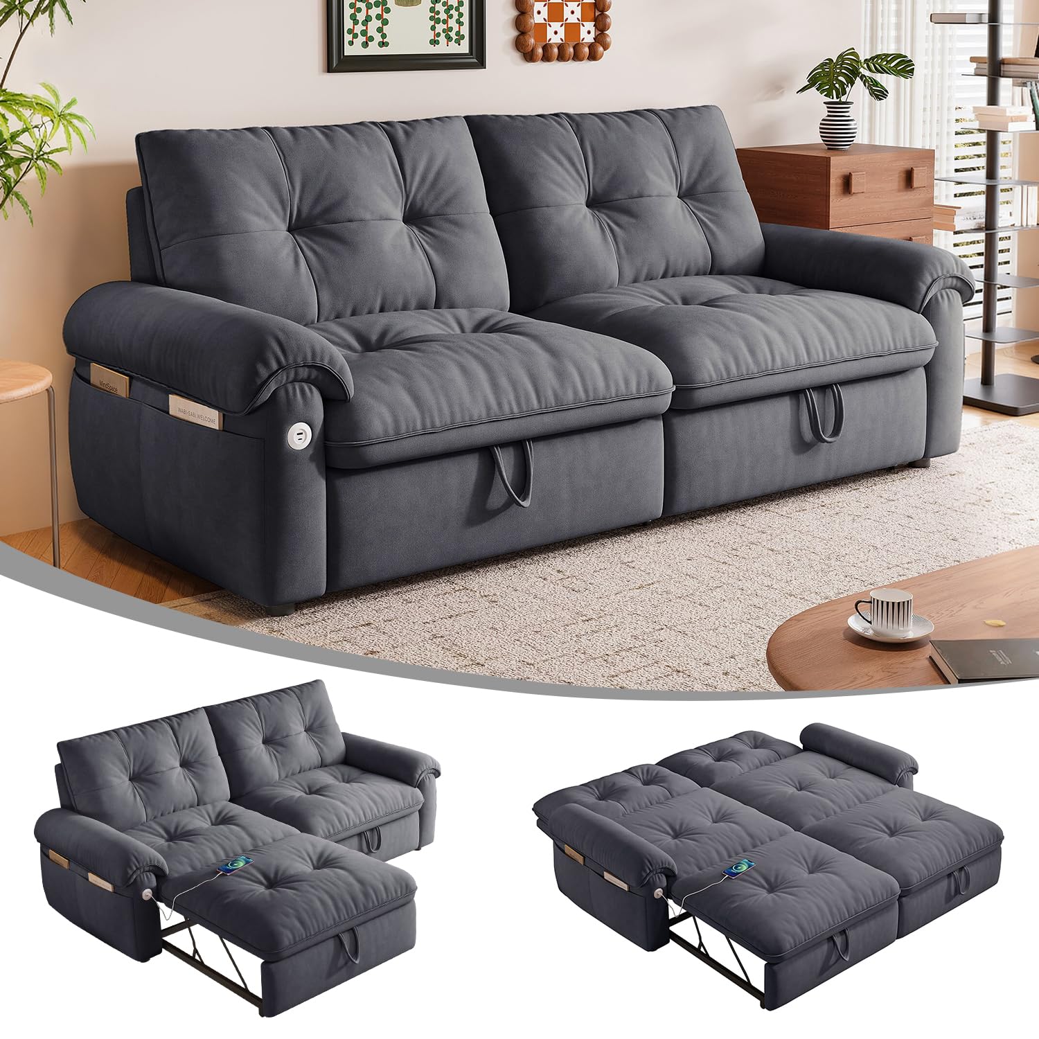 77" Queen Size Sofa Bed, 3-in-1 Convertible Sleeper Sofa Bed with Adjustable Backrest, Modern Velvet Couch with Side Pocket and USB Ports, for Living Rooms, Bedrooms, Small Spaces (Grey, 77.2inch)
