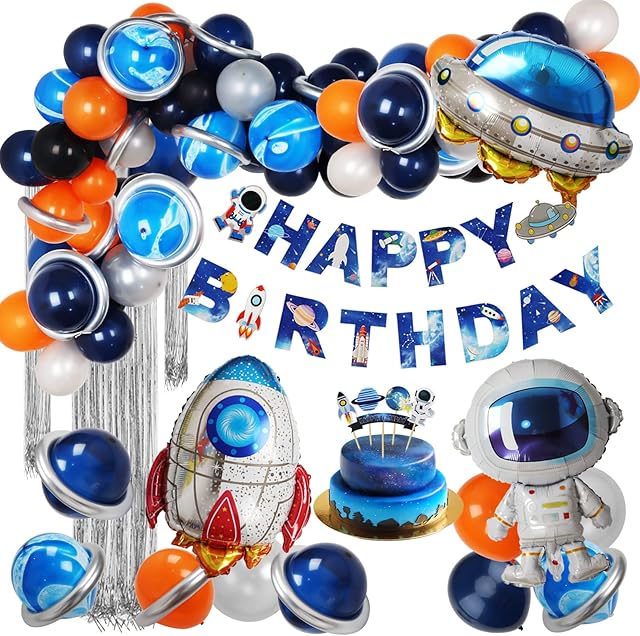 ZERODECO Outer Space Birthday Party Decorations, Navy Blue Orange Space Themed Party Supplies Happy Birthday Banner Cupcake Toppers Rocket Astronaut Balloon Garland for Boy Girl Kids Children Party