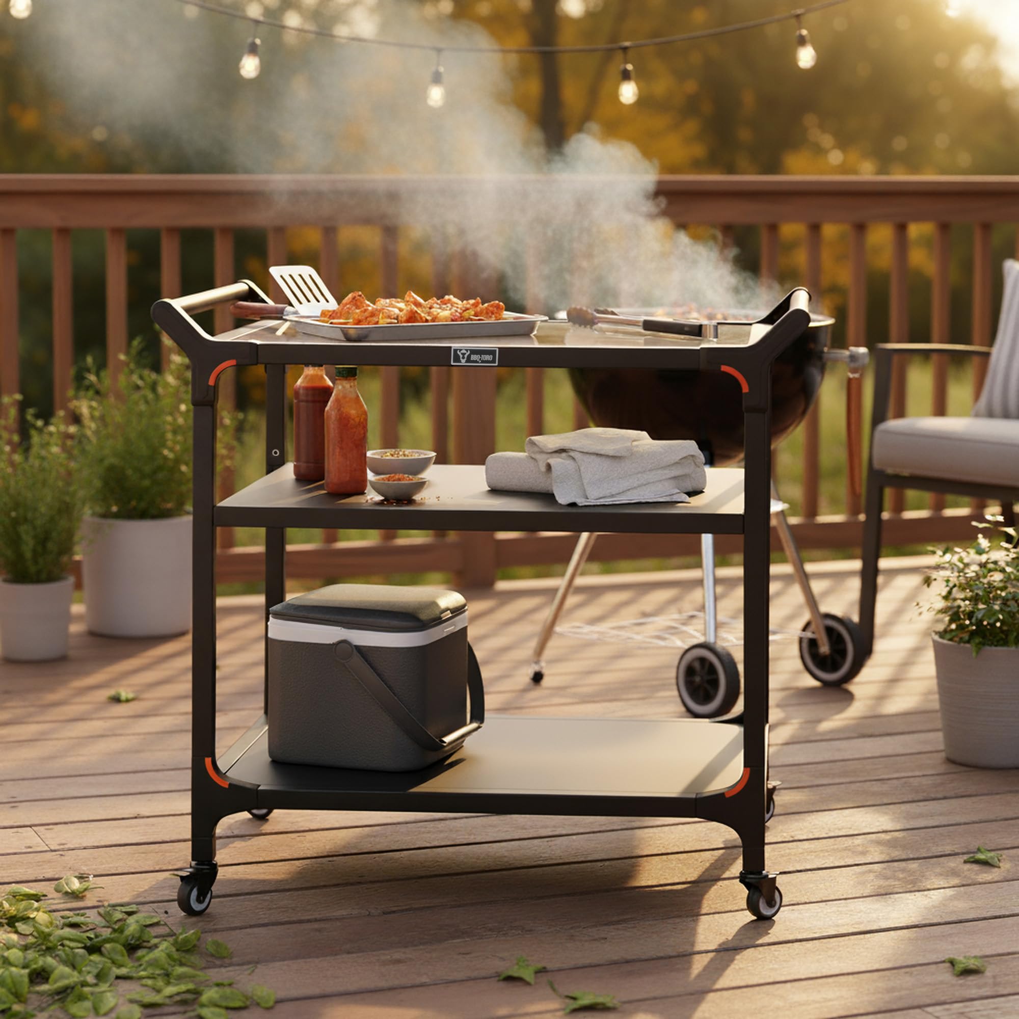 BBQ-Toro Carrito de barbacoa, color negro, mesa de barbacoa con gran superficie de trabajo, mesa auxiliar, parrilla exterior, carrito de barbacoa para exteriores, carrito de servir (3 estantes (94 x