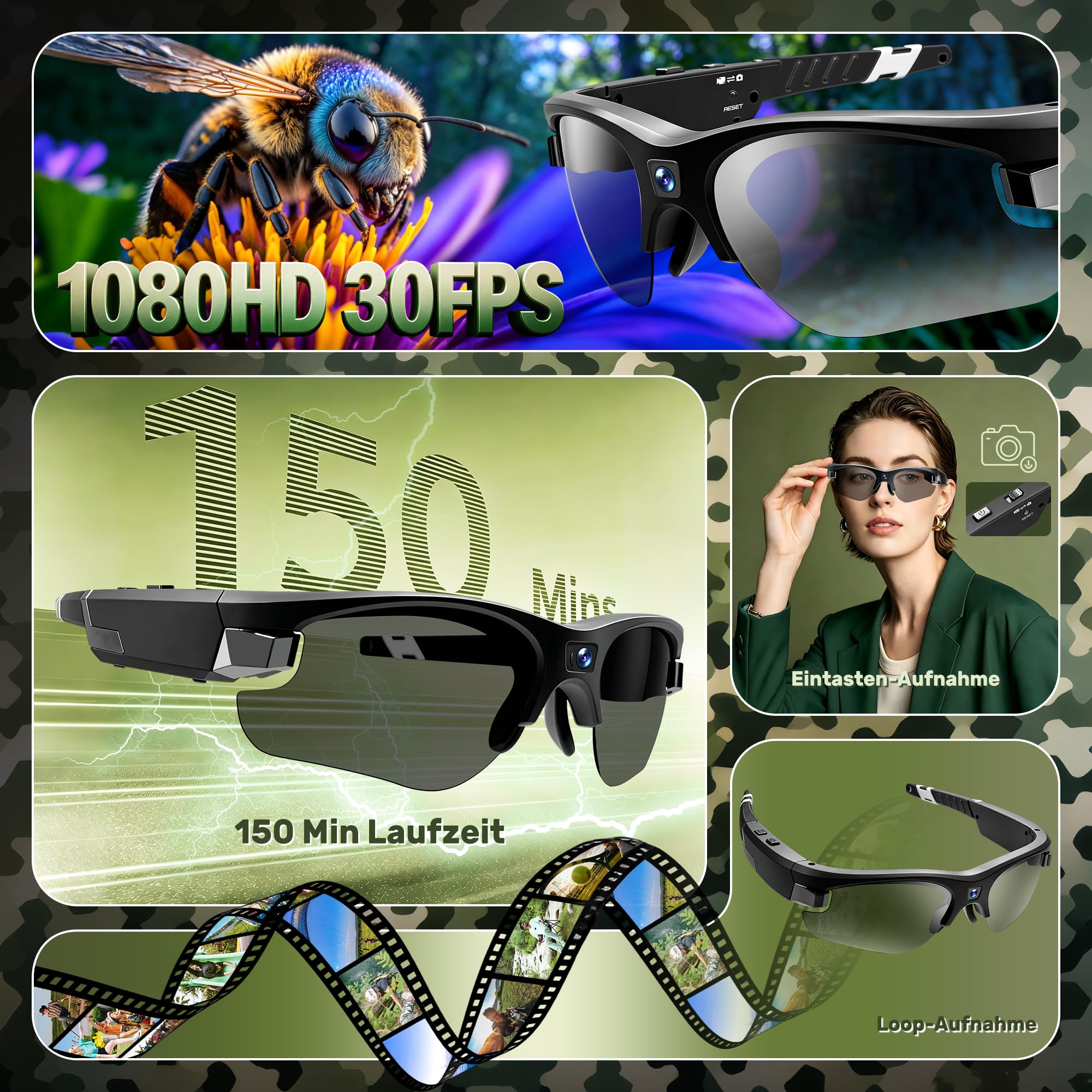 Occhiali con Telecamera, Smart Glasses HD1080P Per Ciclismo