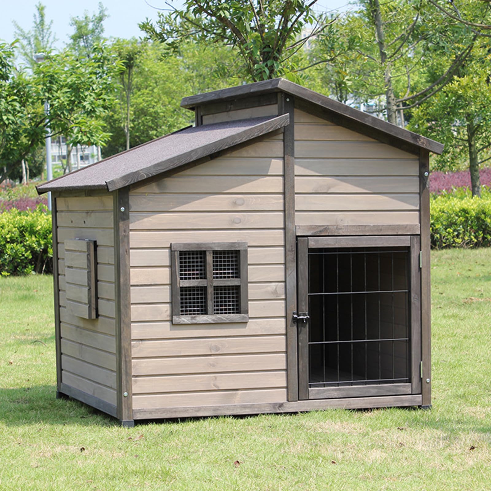 Caseta grande de madera para perros con techo de linóleo, refugio impermeable estilo cabina para perros pequeños a grandes, casa elevada para perros para protección contra la intemperie