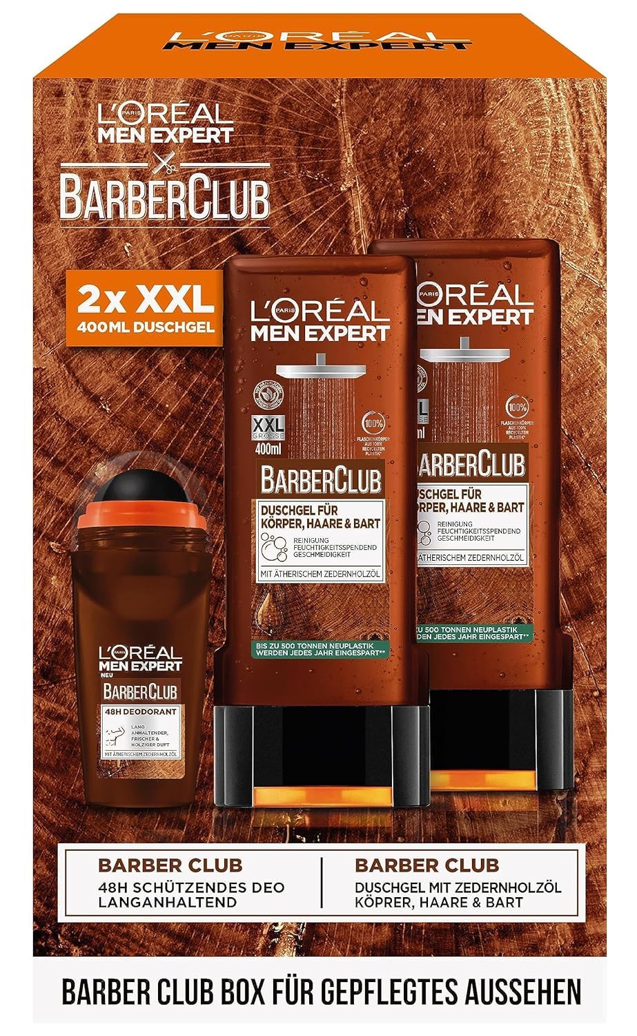 L'Oréal Men Expert Kit per la cura degli uomini,set regalo con gel doccia XXL e deorroller,regalo da uomo, inclusi bodywash e deodorante roll-on con olio di legno di cedro, Barber Club, 2 x 400 ml