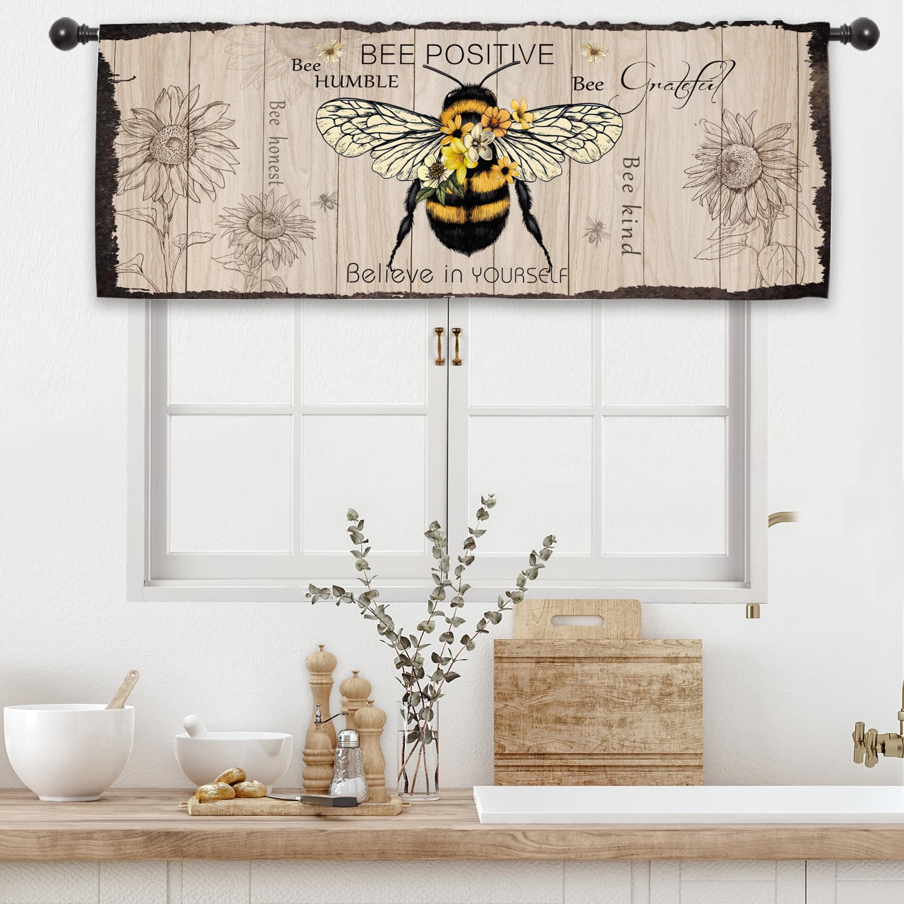 Kalmico Rustic Bee Farmhouse Kitchen Curtain Valance 54W x 18L Inch Country Positive Vintage Inspirational Motivational Wooden Rod Pocket Short Cafe