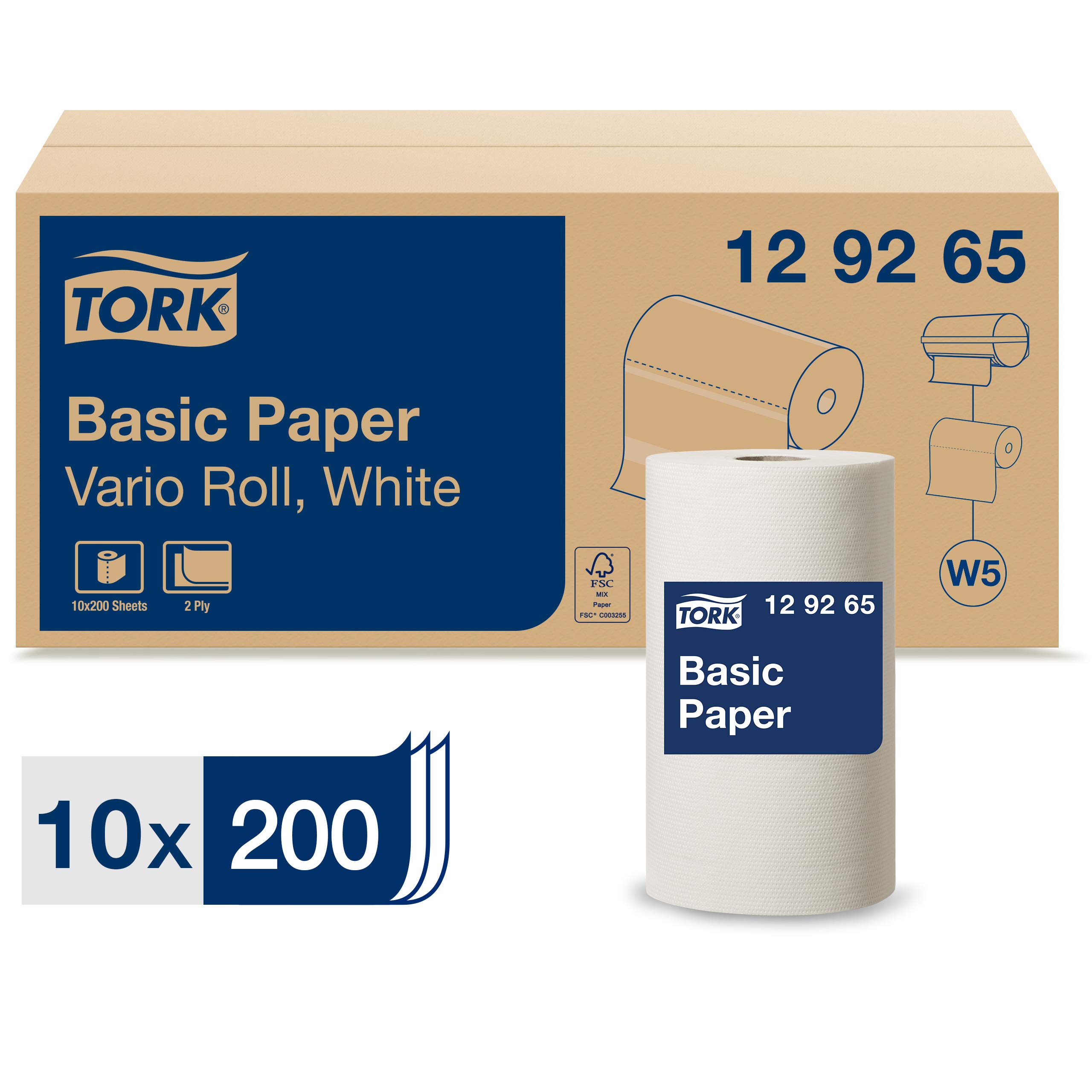 Tork 129265 standardowe chusteczki papierowe do systemu małych rolek W5 / 2-warstwowe, mocne ręczniki papierowe w kolorze białym/uniwersalna jakość / 10 x 55 m