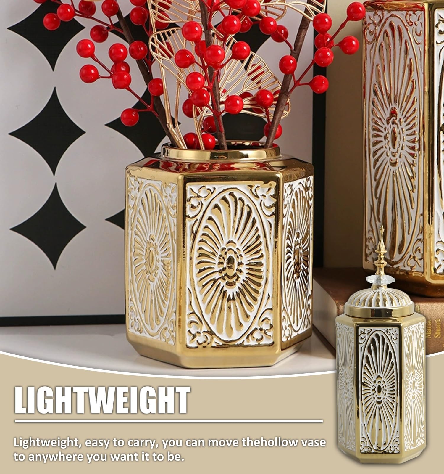 Jarrones Decorativos Jarrón De Flores Dorado para Decoración del Hogar, Tarro De Jengibre Estable Y Jarrón con Tapa para Mesa De Comedor, De Larga Duración.(S)