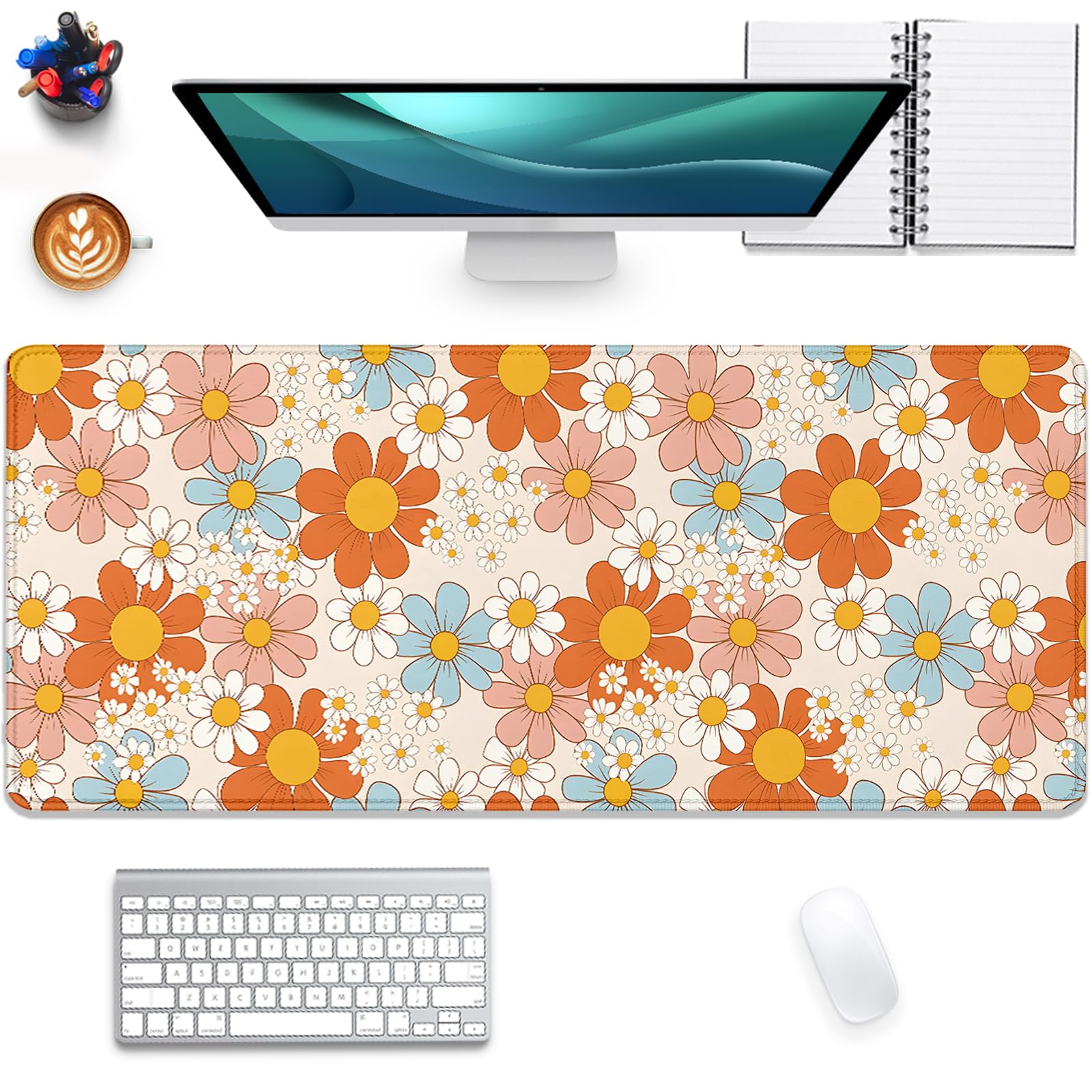 Vintage Floral Mouse Pad Daisy Desk Pad,Retro Flower Mouse Mat,Extended Gaming Mouse Mat,Stitched Edges Non-Slip Waterproof Rubber Base Mous Mat for Office Home Work Game Desk Pad(27.5X11.8 in)