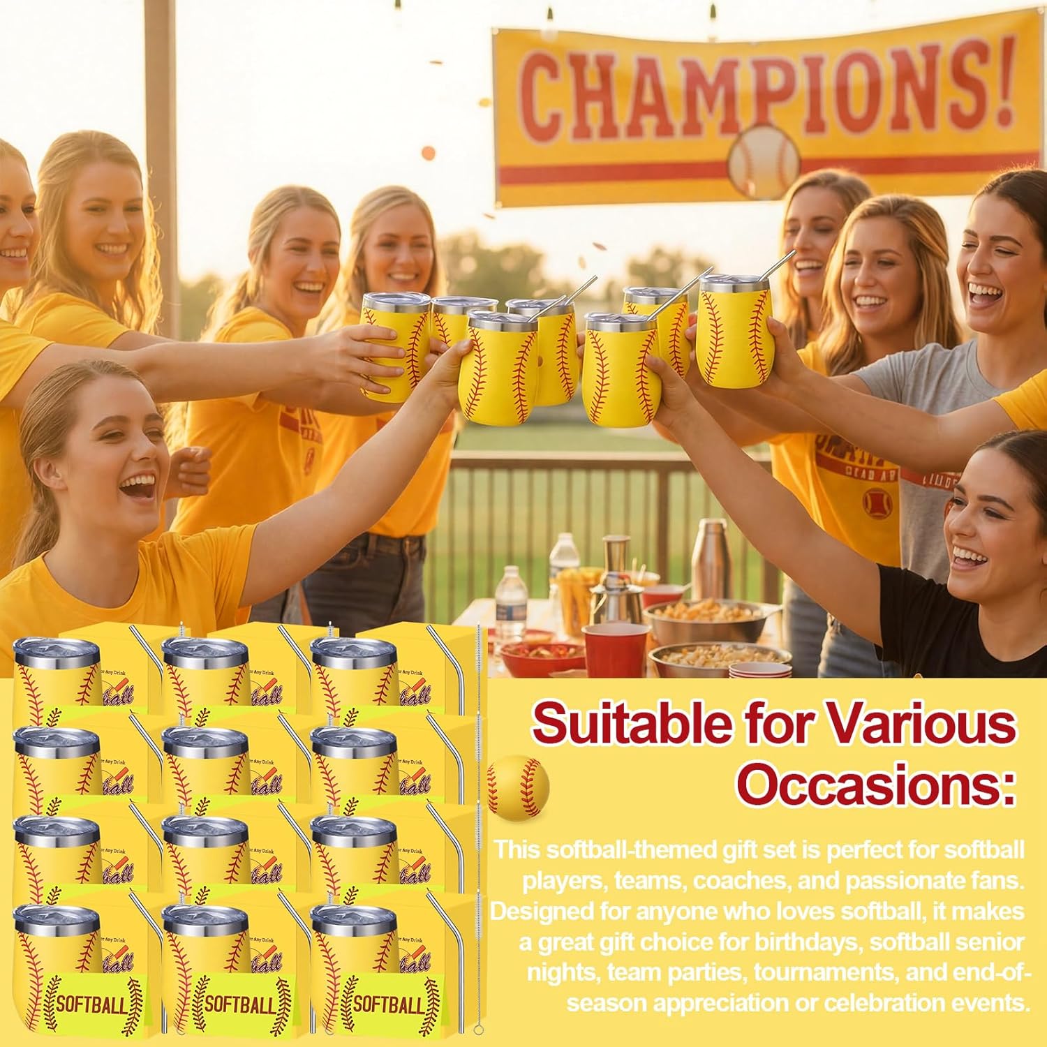 Patelai 12 Pack Softball Tumblers Gift Set, 12oz Stainless Steel Insulated Cups with Lids Straws Cards and Gift Boxes Softball Senior Season Team Gifts for Players Coaches