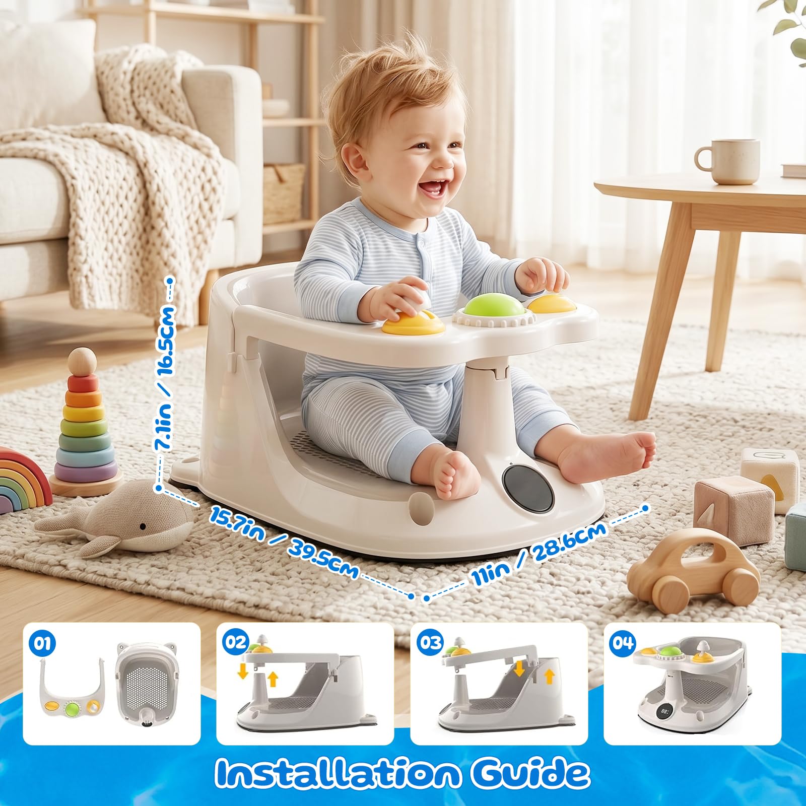 Seggiolino per vasca da bagno per bambini con monitoraggio della temperatura in tempo reale, portatile, con 4 ventose antiscivolo, sedile da bagno per bambini dai 6 mesi in su, design a rete per