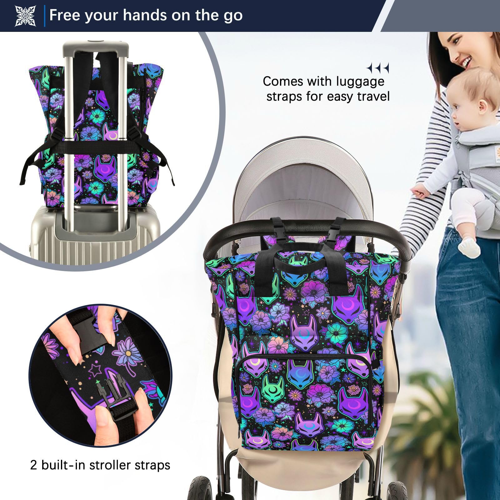 ALAZA Zaino per il cambio del bambino, borsa fasciatoio viola gotica con pipistrelli, borsa multifunzionale per pannolini, grande capacità, zaino per mamma e papà