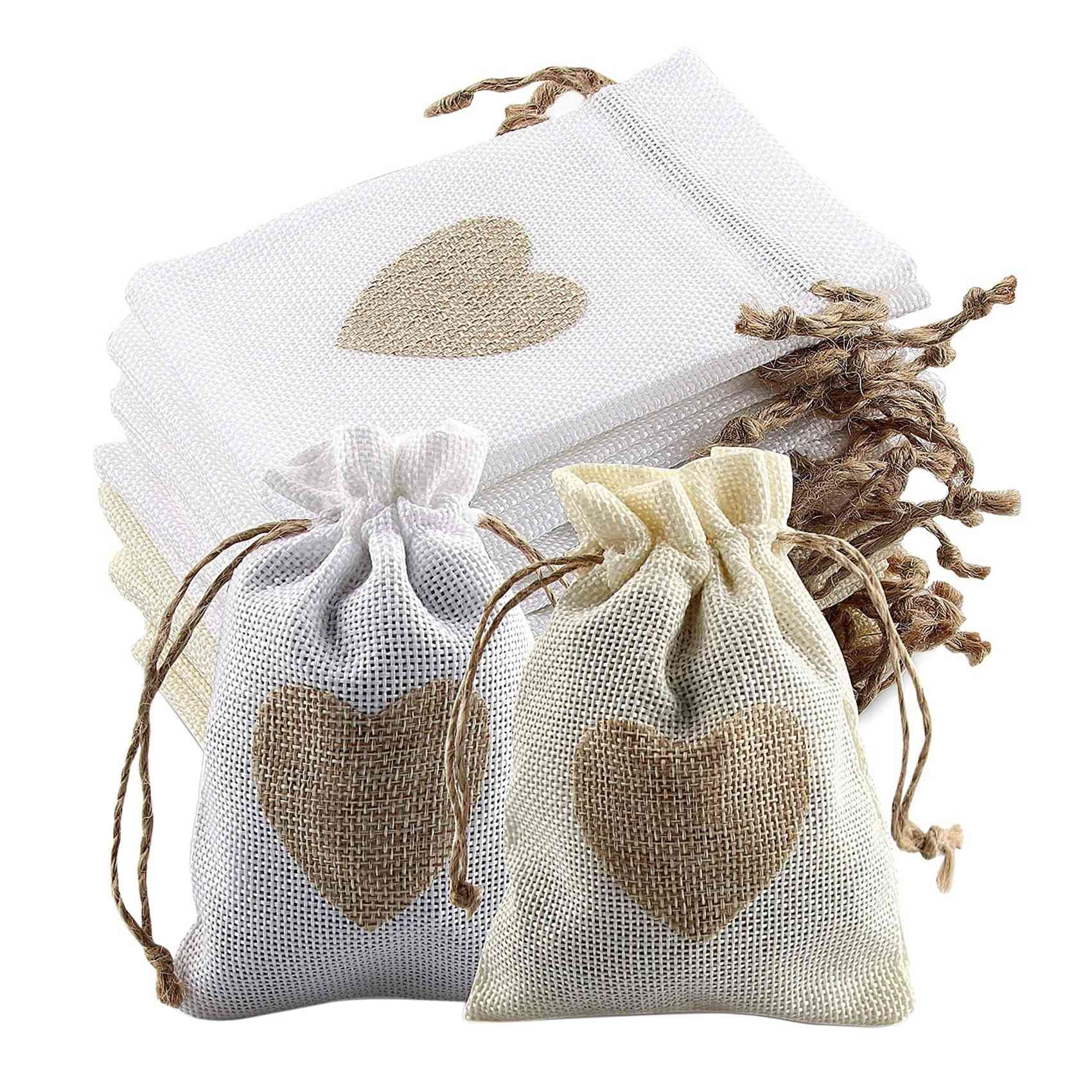 CTRLZS 24Pcs Burlap Pouches with Drawstring and Heart Pattern Candy Gift Bag Jute Pouch Baptism Bag Wedding for Stuffing Bag