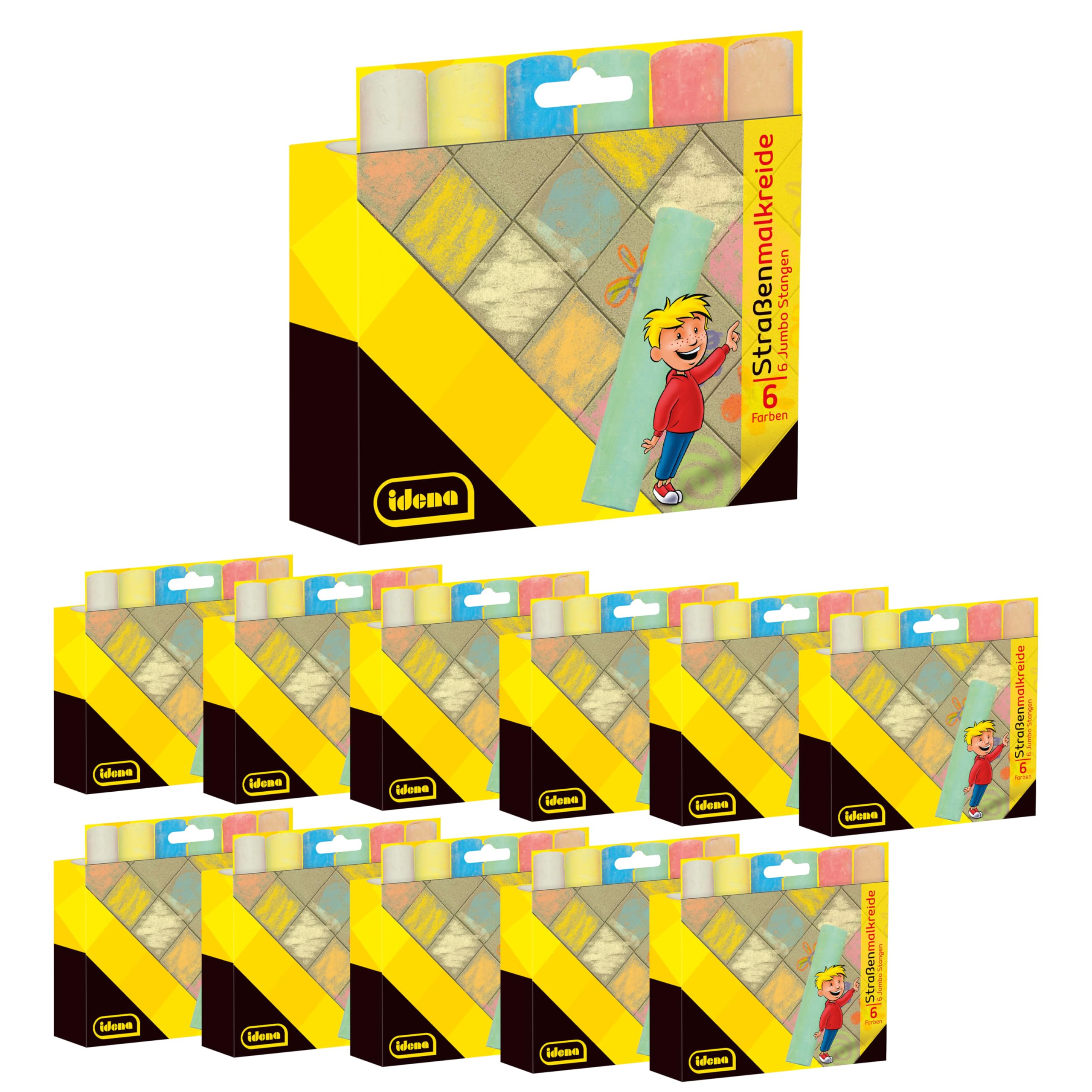 Idena 90520 - Gessetti per strada in astuccio di cartone, 12 confezioni da 6 gessetti ciascuna in diversi colori, per strada per disegnare su asfalto, pavimentazione o cemento