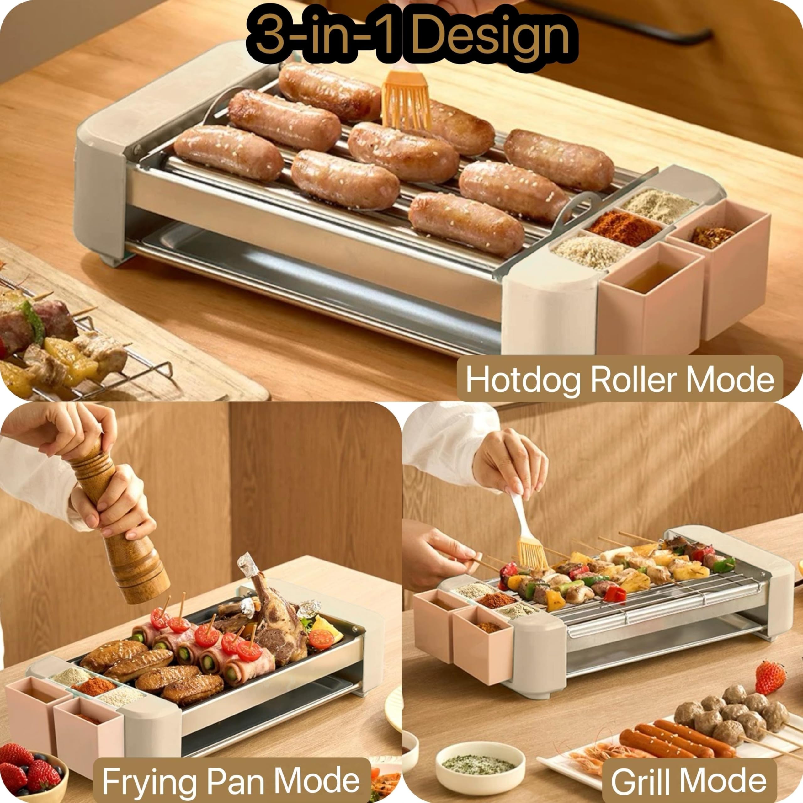 Rodillo eléctrico para perros calientes, 6 rodillos, parrillas 3 en 1 para interiores, portátil, con parrilla extraíble antiadherente y sin humo y placa de parrilla de barbacoa, máquina de 2