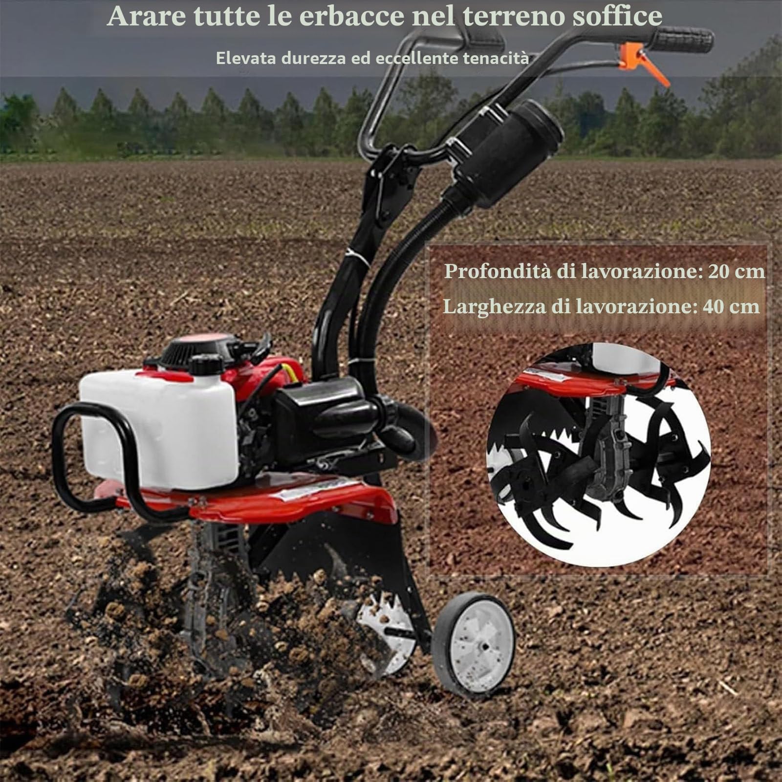 Motozappa motocoltivatore zappatrice con motore a scoppio 4 tempi da 55 cc,zappatrice per terreno orto,potenza 2.2KW,larghezza di lavoro 400mm,profondità di lavoro 200mm