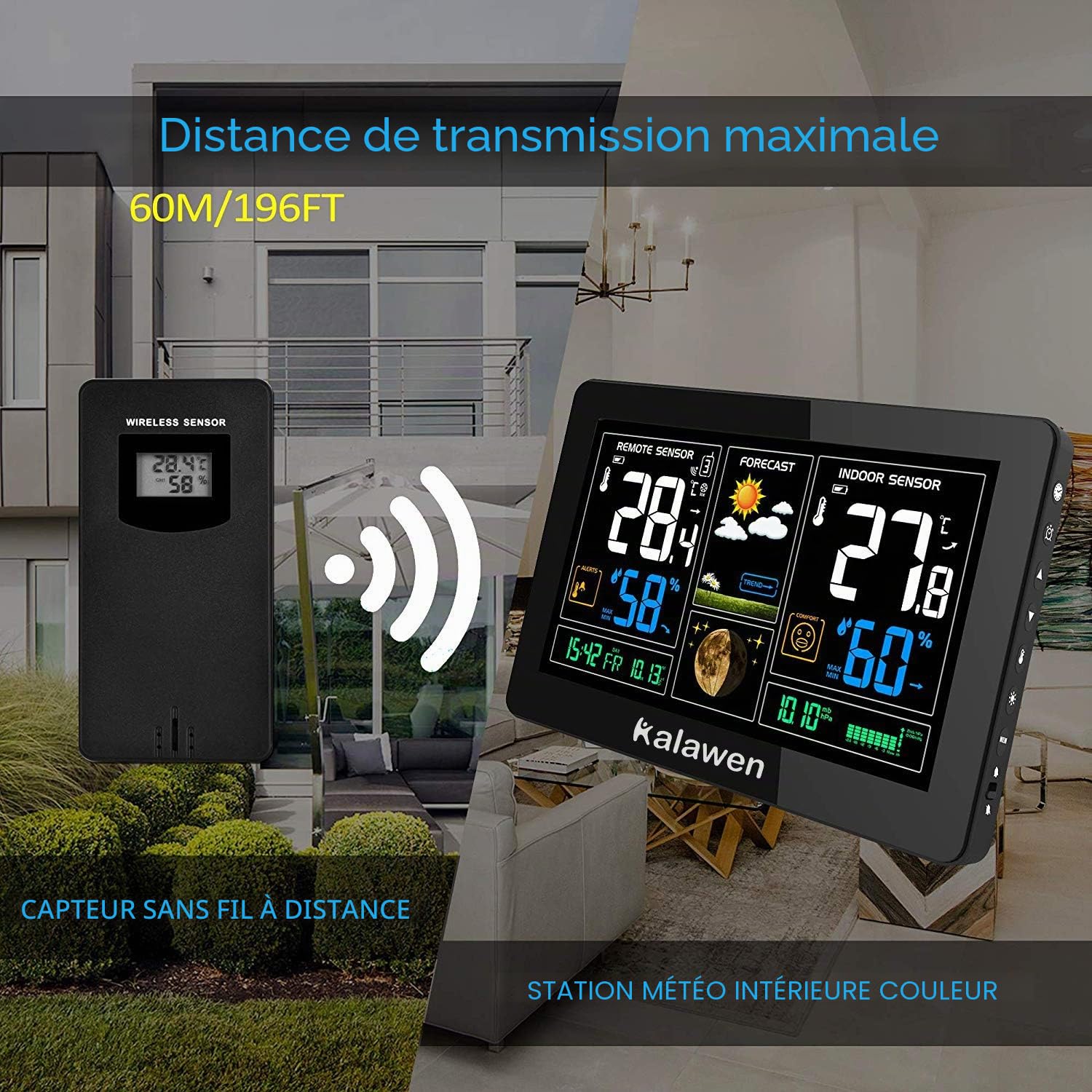 DCF Station Météo avec Intérieure Extérieure Capteur sans Fil, Thermomètre Hygromètre Baromètre Phase de la Lune 9-in-1 Numériques Écran LCD Coloré avec Réveil Snooze Météo Prévisions