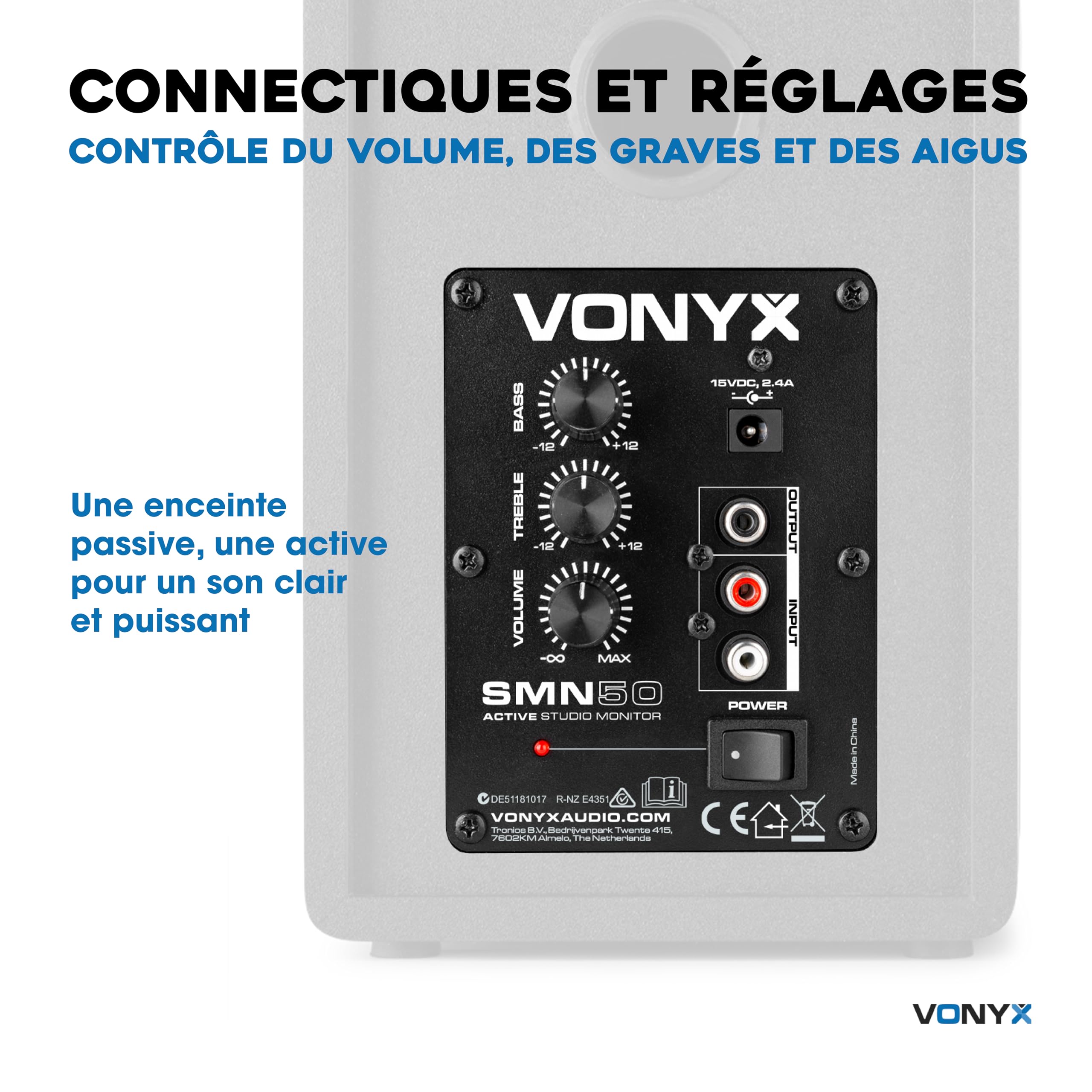 VONYX SMN50B Enceintes Monitoring - Paire d'Enceintes de Studio 5 Pouces, Puissance 140 Watts Max, Réglages Graves et Aigus, Qualité Idéale pour Mastering en Studio