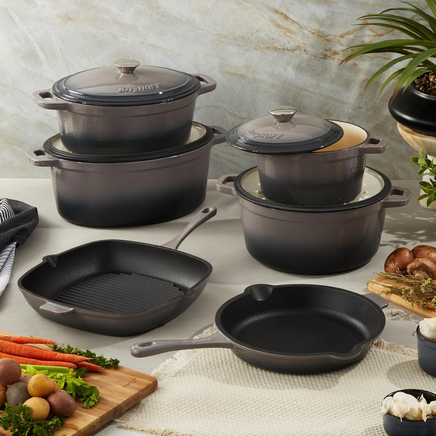 Berghoff Neo 11" Cast Iron Grill Pan, Even Heat, Heavy-duty Handle, Oven Safe Up to 400°F, Oyster